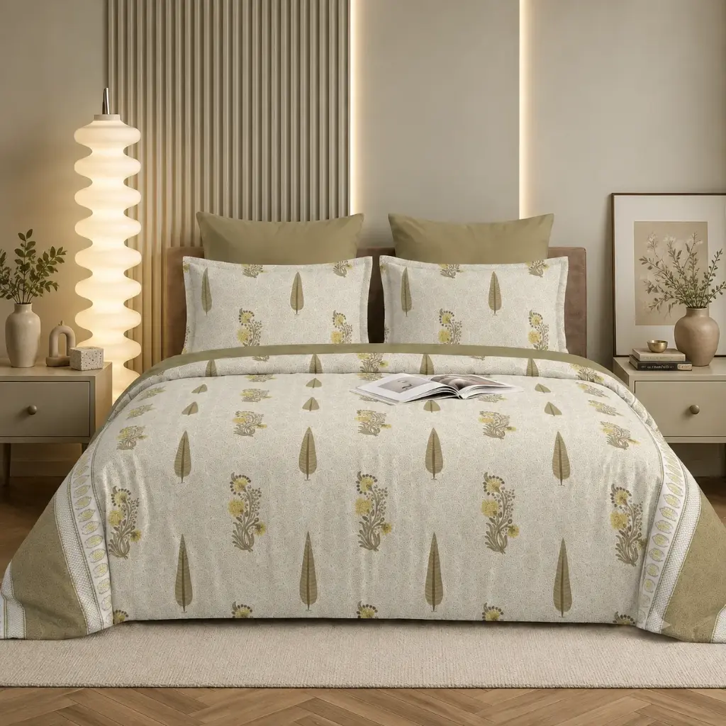 Nineeez 100% Cotton Feather Touch Queen Bedsheet Set | Botanical Bloom Pattern Luxury Bedding with 2 Matching Pillow Covers (224 x 254 cm, Available in Cream)