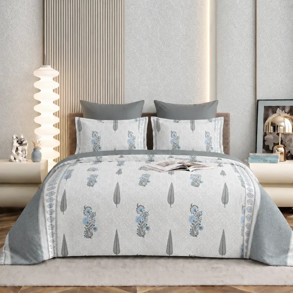 Nineeez 100% Cotton Feather Touch Queen Bedsheet Set | Botanical Bloom Pattern Luxury Bedding with 2 Matching Pillow Covers (224 x 254 cm, Available in Gray)