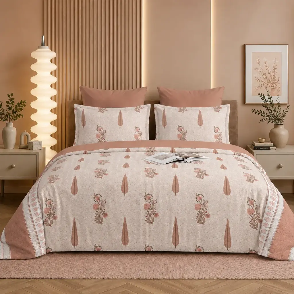 Nineeez 100% Cotton Feather Touch Queen Bedsheet Set | Botanical Bloom Pattern Luxury Bedding with 2 Matching Pillow Covers (224 x 254 cm, Available in Muted Peach)