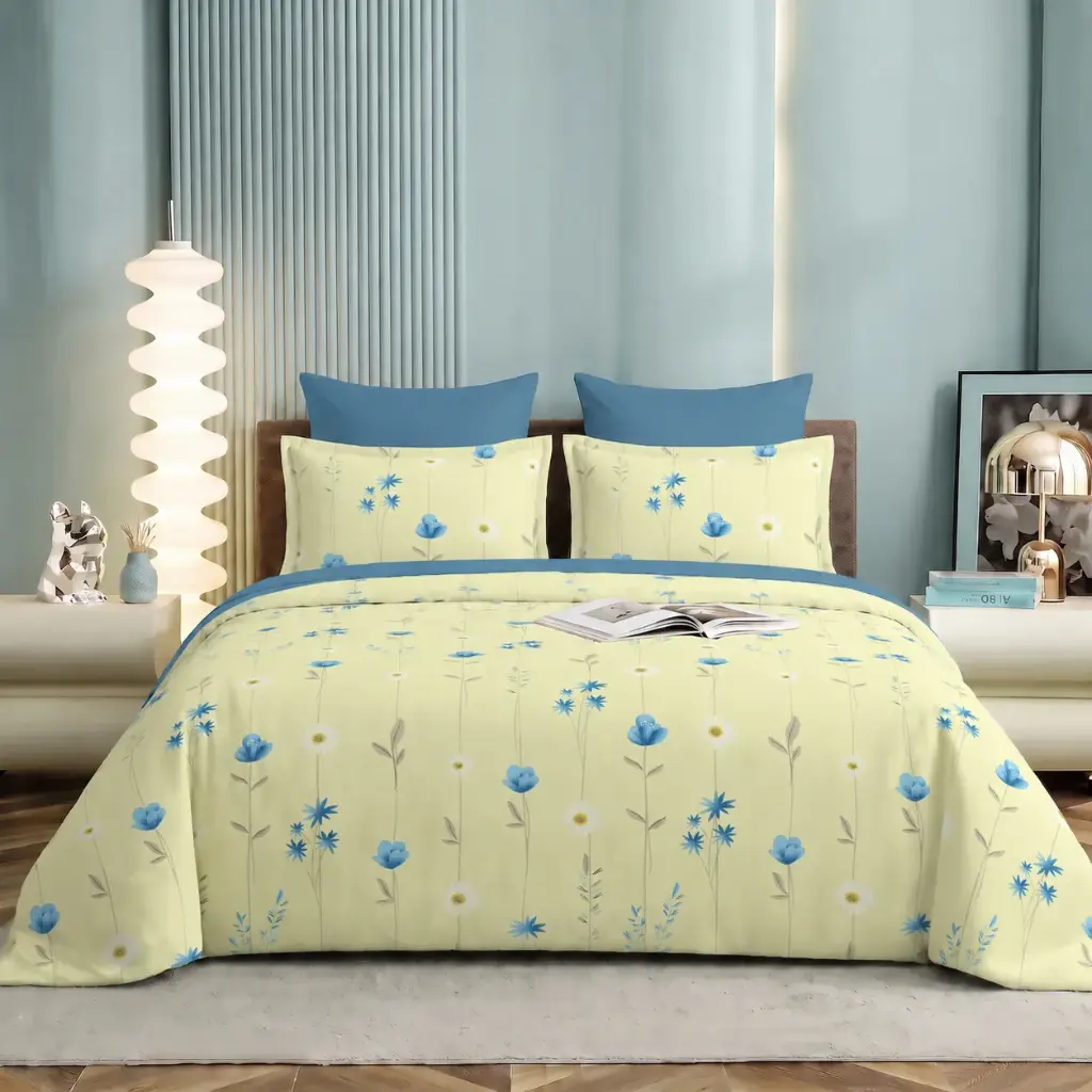 Nineeez 100% Cotton Feather Touch Queen Bedsheet Set | Meadow Bloom Pattern Luxury Bedding with 2 Matching Pillow Covers (224 x 254 cm, Available in Pastel Yellow)