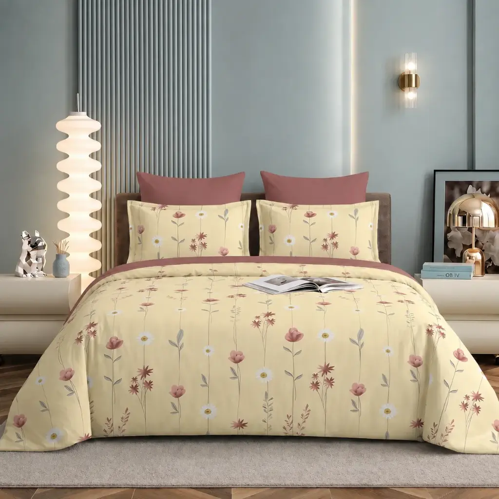 Nineeez 100% Cotton Feather Touch Queen Bedsheet Set | Meadow Bloom Pattern Luxury Bedding with 2 Matching Pillow Covers (224 x 254 cm, Available in Vanilla Cream)