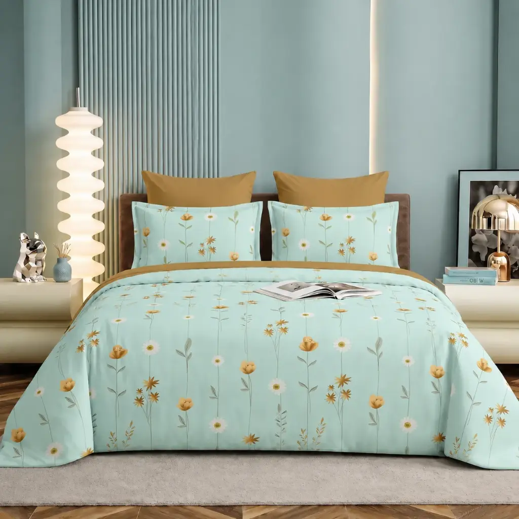 Nineeez 100% Cotton Feather Touch Queen Bedsheet Set | Meadow Bloom Pattern Luxury Bedding with 2 Matching Pillow Covers (224 x 254 cm, Available in Blue)