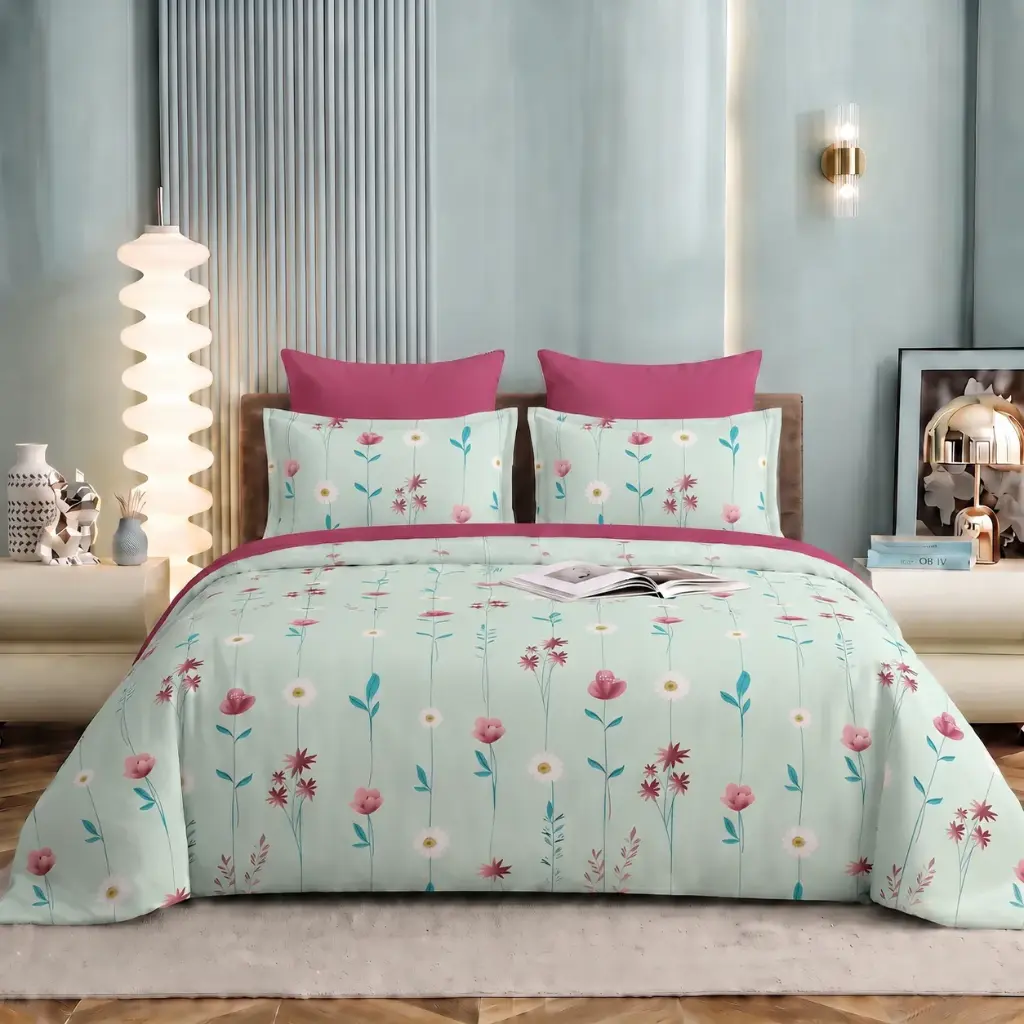 Nineeez 100% Cotton Feather Touch Queen Bedsheet Set | Meadow Bloom Pattern Luxury Bedding with 2 Matching Pillow Covers (224 x 254 cm, Available in Soft Mint)