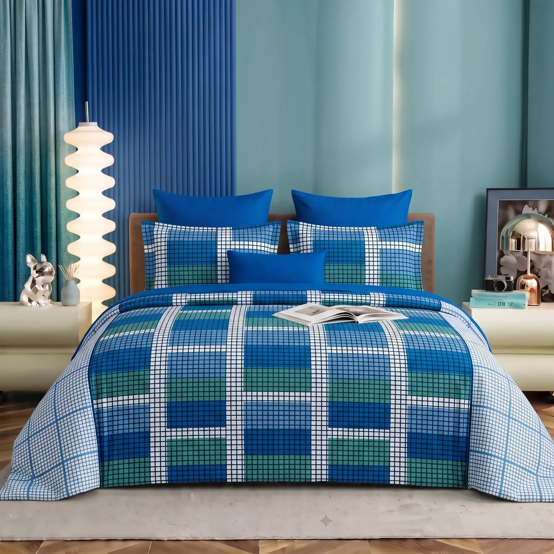 Nineeez Supermoti King Size Bedsheet Set, Geometric Checks Design, 100% Cotton, Soft & Breathable, 1 Bedsheet 275 x 254 cm with 2 Pillow Covers 76 x 50 cm, Blue