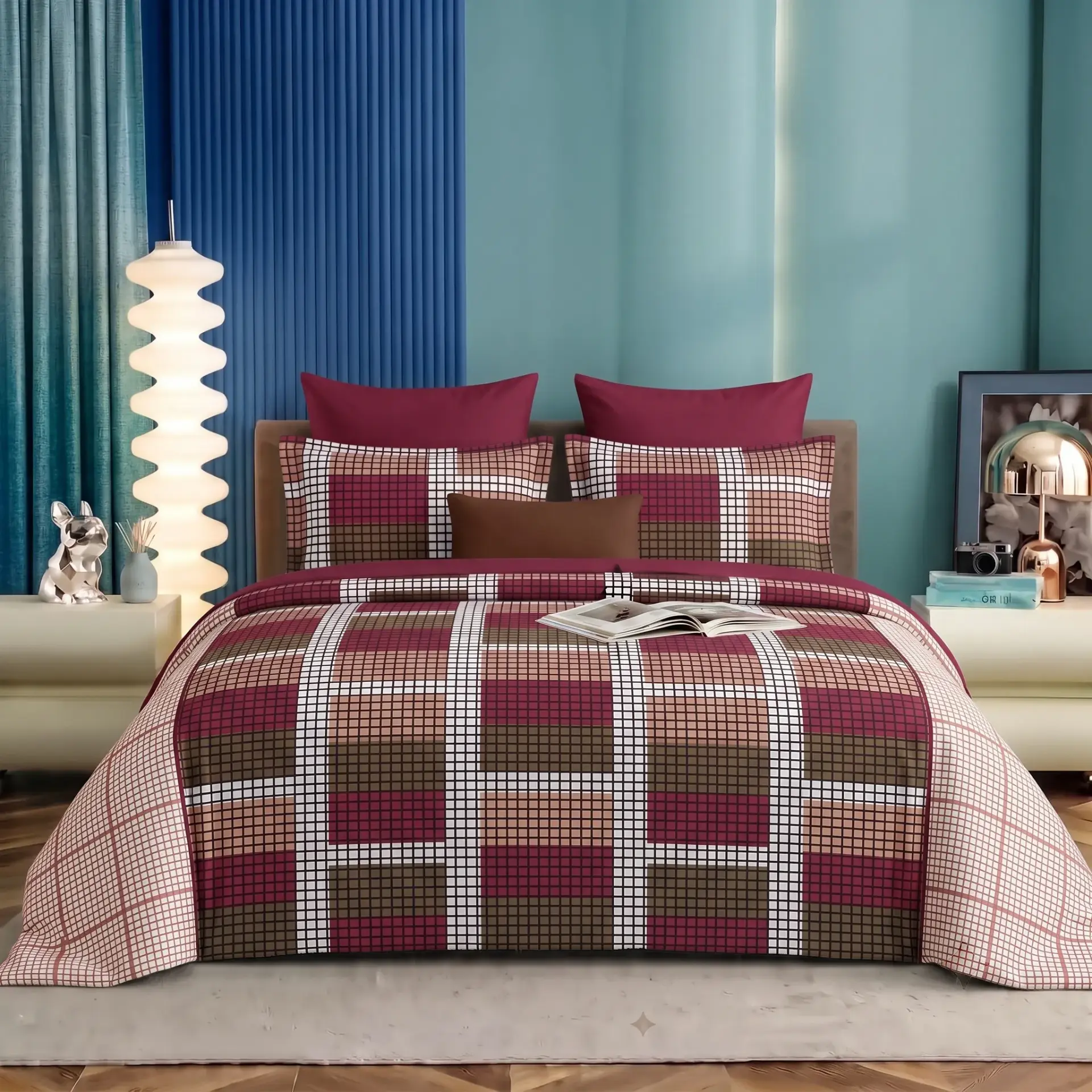 Nineeez Supermoti King Size Bedsheet Set, Geometric Checks Design, 100% Cotton, Soft & Breathable, 1 Bedsheet 275 x 254 cm with 2 Pillow Covers 76 x 50 cm, Cherry