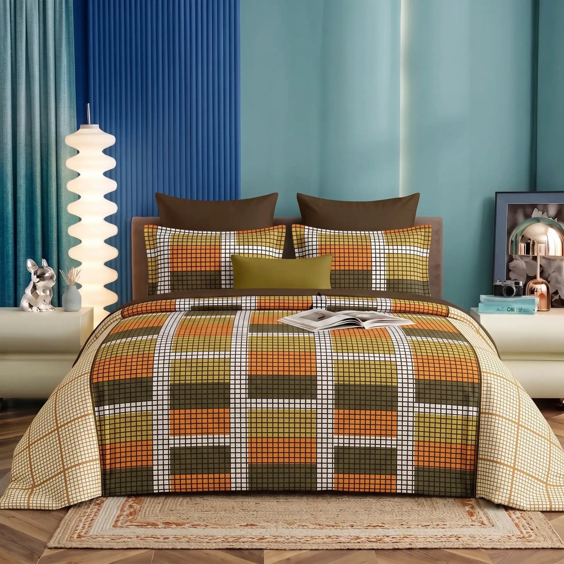Nineeez Supermoti King Size Bedsheet Set, Geometric Checks Design, 100% Cotton, Soft & Breathable, 1 Bedsheet 275 x 254 cm with 2 Pillow Covers 76 x 50 cm, Orange