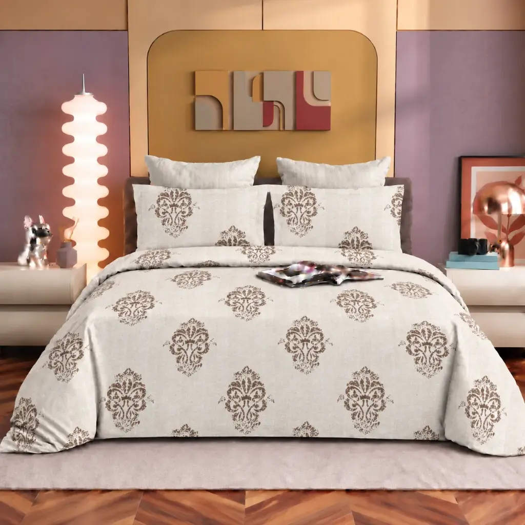 Nineeez Bastain 100% Cotton King Size Bedsheet with 2 Pillow Covers | 280 x 280 cm | Soft & Breathable | Vintage Damask Medallion Print | Beige