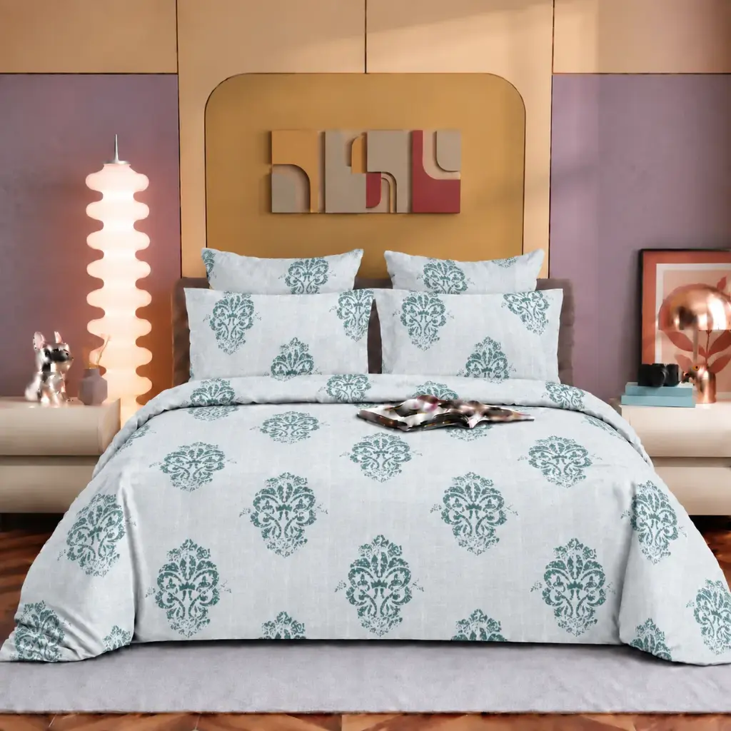 Nineeez Bastain 100% Cotton King Size Bedsheet with 2 Pillow Covers | 280 x 280 cm | Soft & Breathable | Vintage Damask Medallion Print | Blue