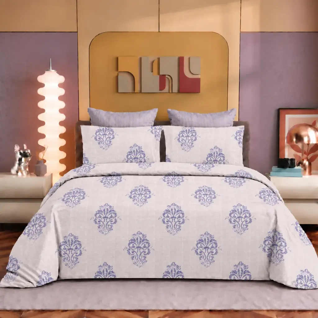 Nineeez Bastain 100% Cotton King Size Bedsheet with 2 Pillow Covers | 280 x 280 cm | Soft & Breathable | Vintage Damask Medallion Print | Purple
