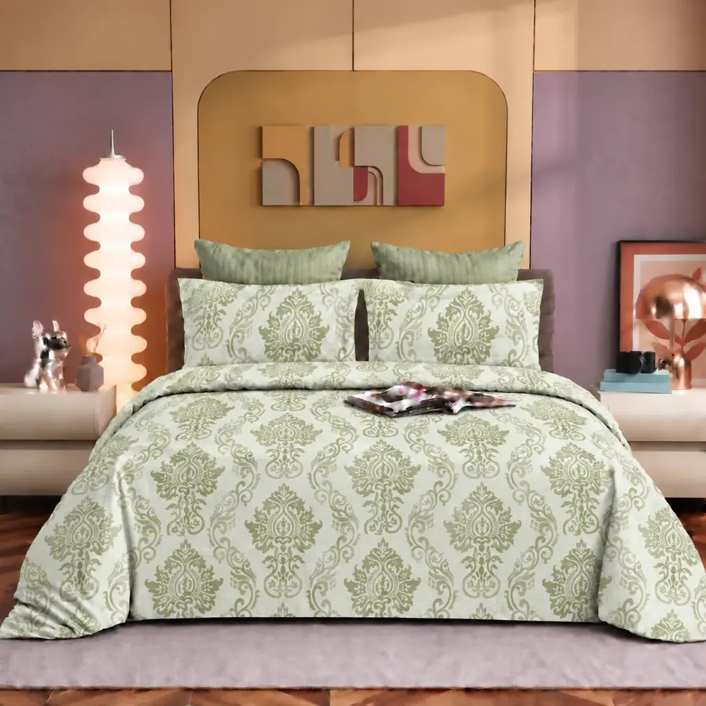 Nineeez Bastain 100% Cotton King Size Bedsheet with 2 Pillow Covers | 280 x 280 cm | Soft & Breathable | Ornamental Damask Print | Green