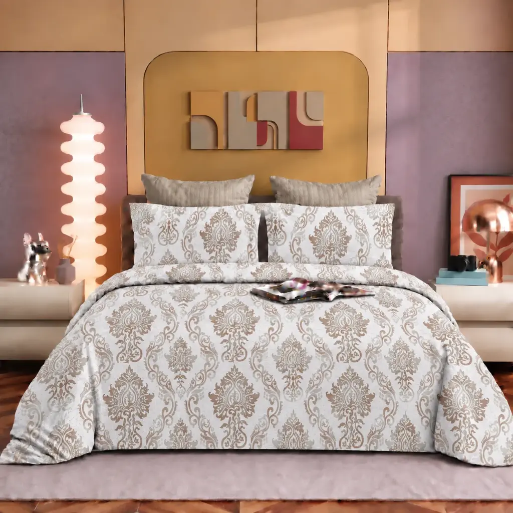 Nineeez Bastain 100% Cotton King Size Bedsheet with 2 Pillow Covers | 280 x 280 cm | Soft & Breathable | Ornamental Damask Print | Beige
