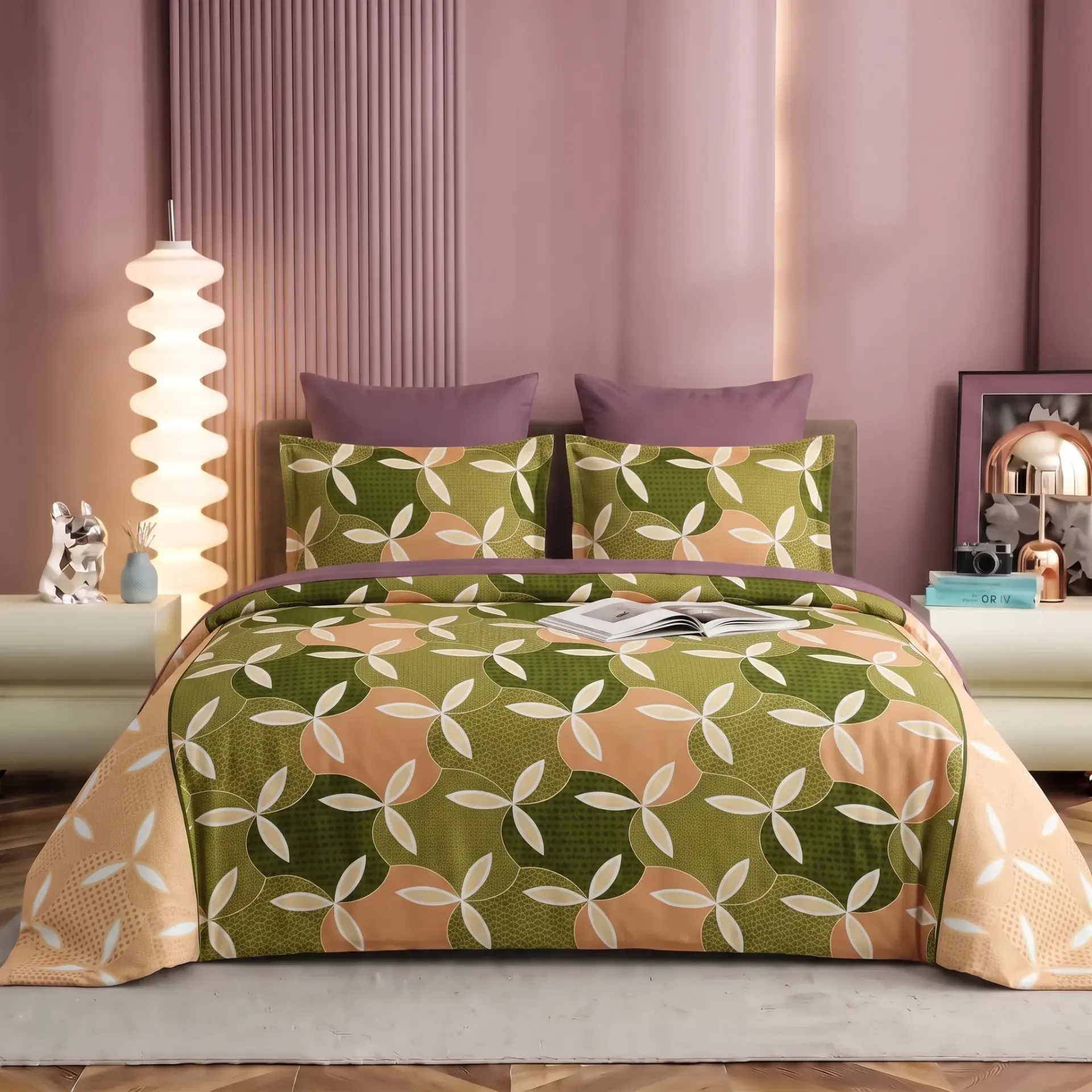 Nineeez Supermoti King Size Bedsheet Set, Abstract Leaf Design, 100% Cotton, Soft & Breathable, 1 Flat Bedsheet 275 x 254 cm with 2 Pillow Covers 76 x 50 cm, Mehandi