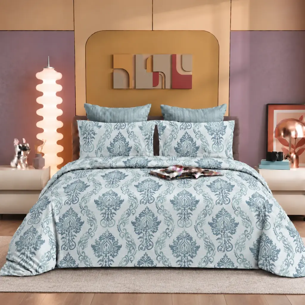 Nineeez Bastain 100% Cotton King Size Bedsheet with 2 Pillow Covers | 280 x 280 cm | Soft & Breathable | Ornamental Damask Print | Blue