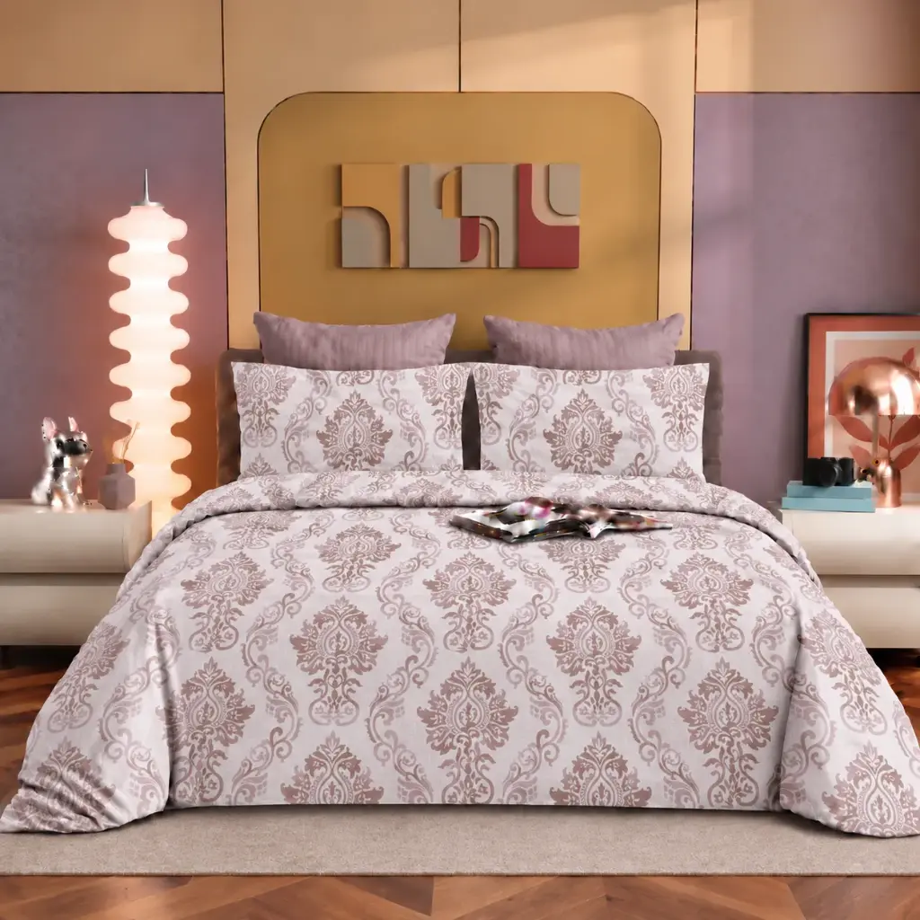 Nineeez Bastain 100% Cotton King Size Bedsheet with 2 Pillow Covers | 280 x 280 cm | Soft & Breathable | Ornamental Damask Print | Pink