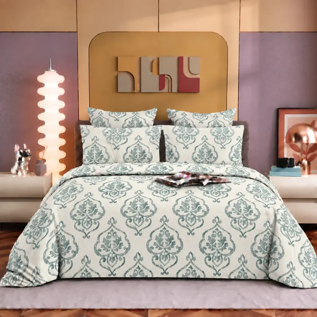 Nineeez Bastain 100% Cotton King Size Bedsheet with 2 Pillow Covers | 280 x 280 cm | Soft & Breathable | Heritage Floral Medallion Print | Sage Teal