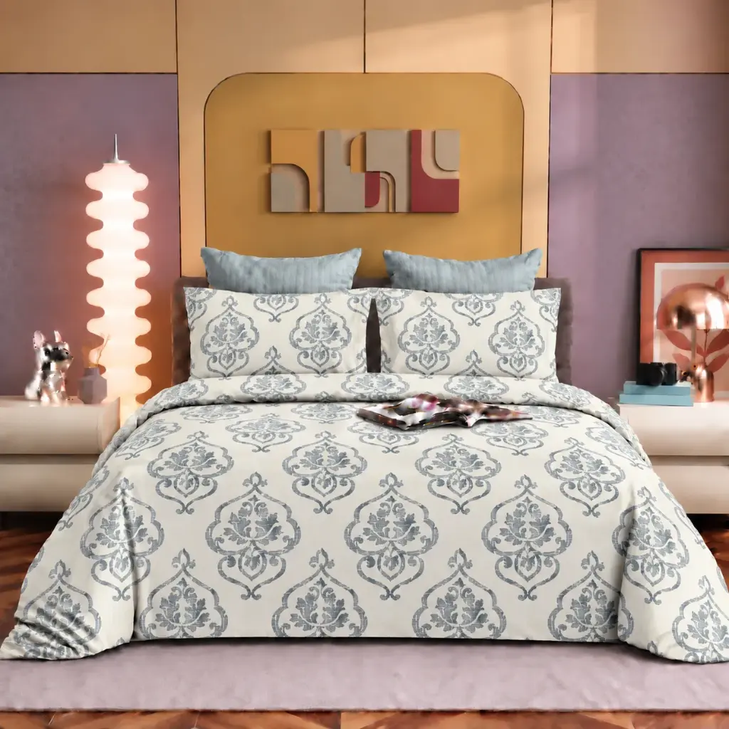 Nineeez Bastain 100% Cotton King Size Bedsheet with 2 Pillow Covers | 280 x 280 cm | Soft & Breathable | Heritage Floral Medallion Print | Ivory Grey