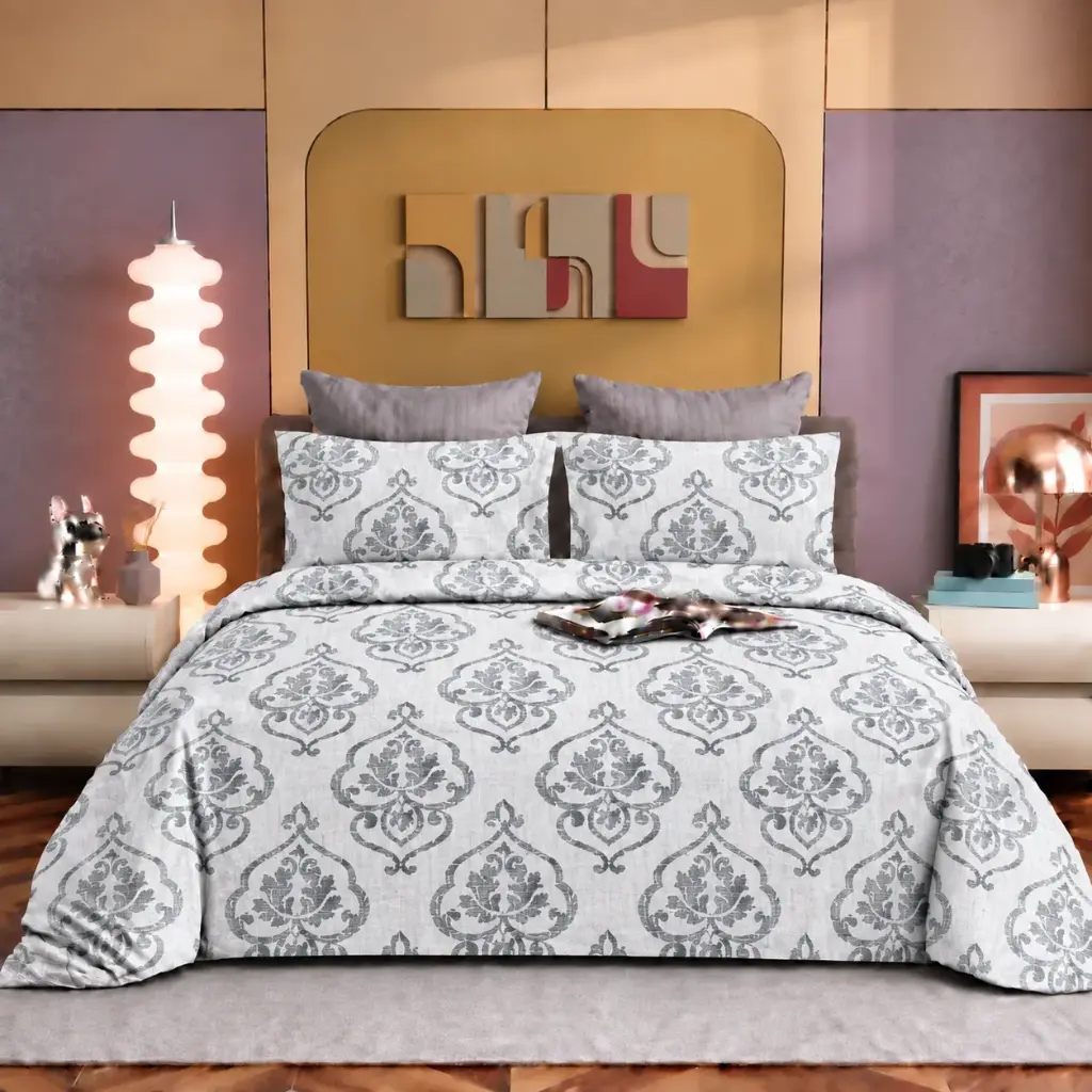 Nineeez Bastain 100% Cotton King Size Bedsheet with 2 Pillow Covers | 280 x 280 cm | Soft & Breathable | Heritage Floral Medallion Print | Charcoal Grey