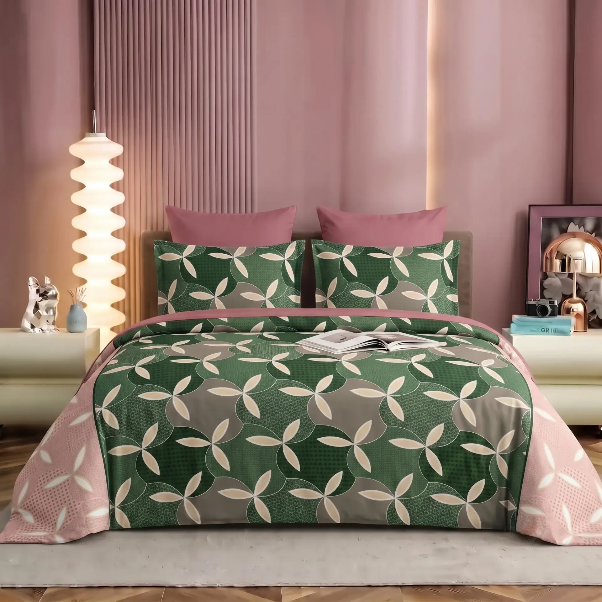 Nineeez Supermoti King Size Bedsheet Set, Abstract Leaf Design, 100% Cotton, Soft & Breathable, 1 Flat Bedsheet 275 x 254 cm with 2 Pillow Covers 76 x 50 cm, Green