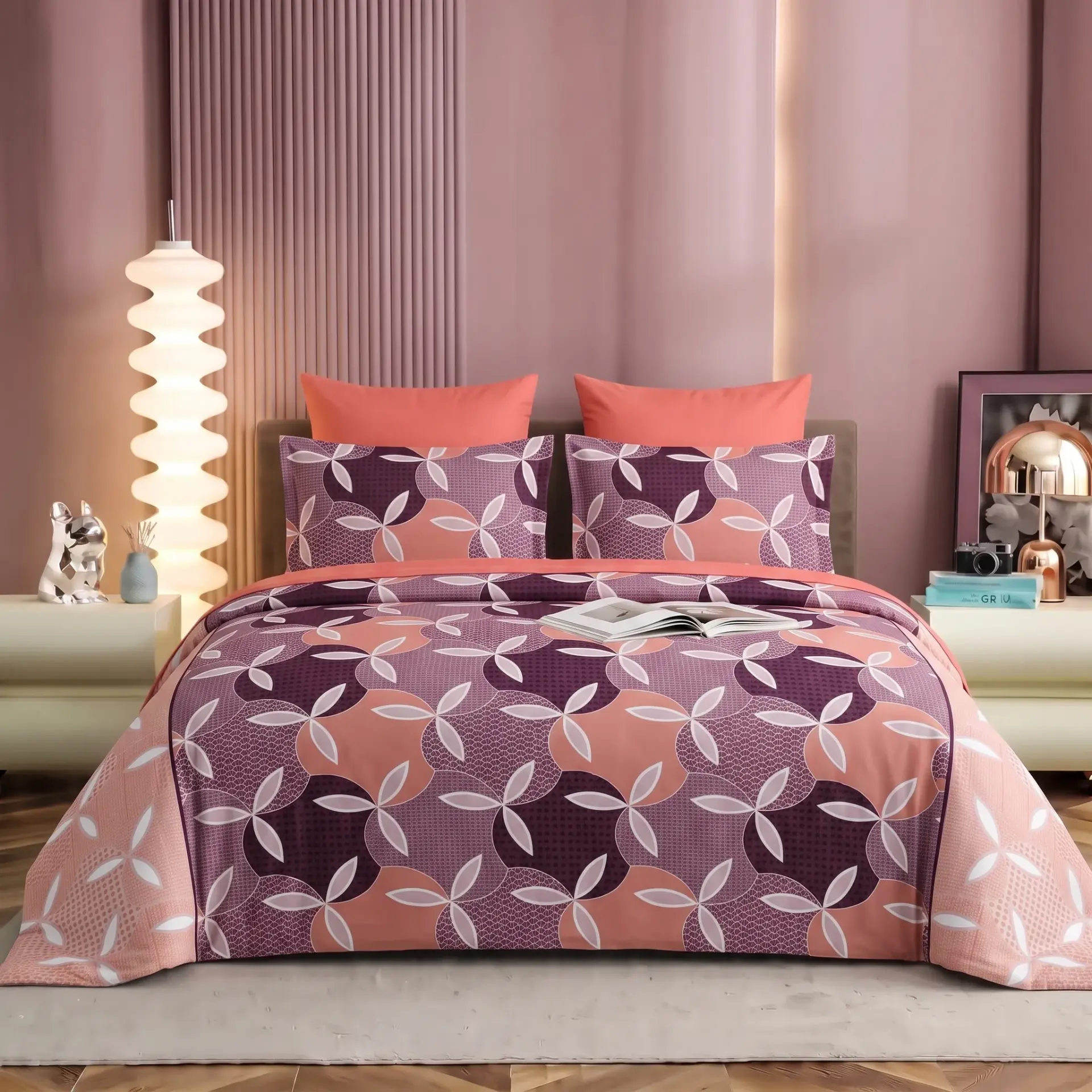 Nineeez Supermoti King Size Bedsheet Set, Abstract Leaf Design, 100% Cotton, Soft & Breathable, 1 Flat Bedsheet 275 x 254 cm with 2 Pillow Covers 76 x 50 cm, Purple