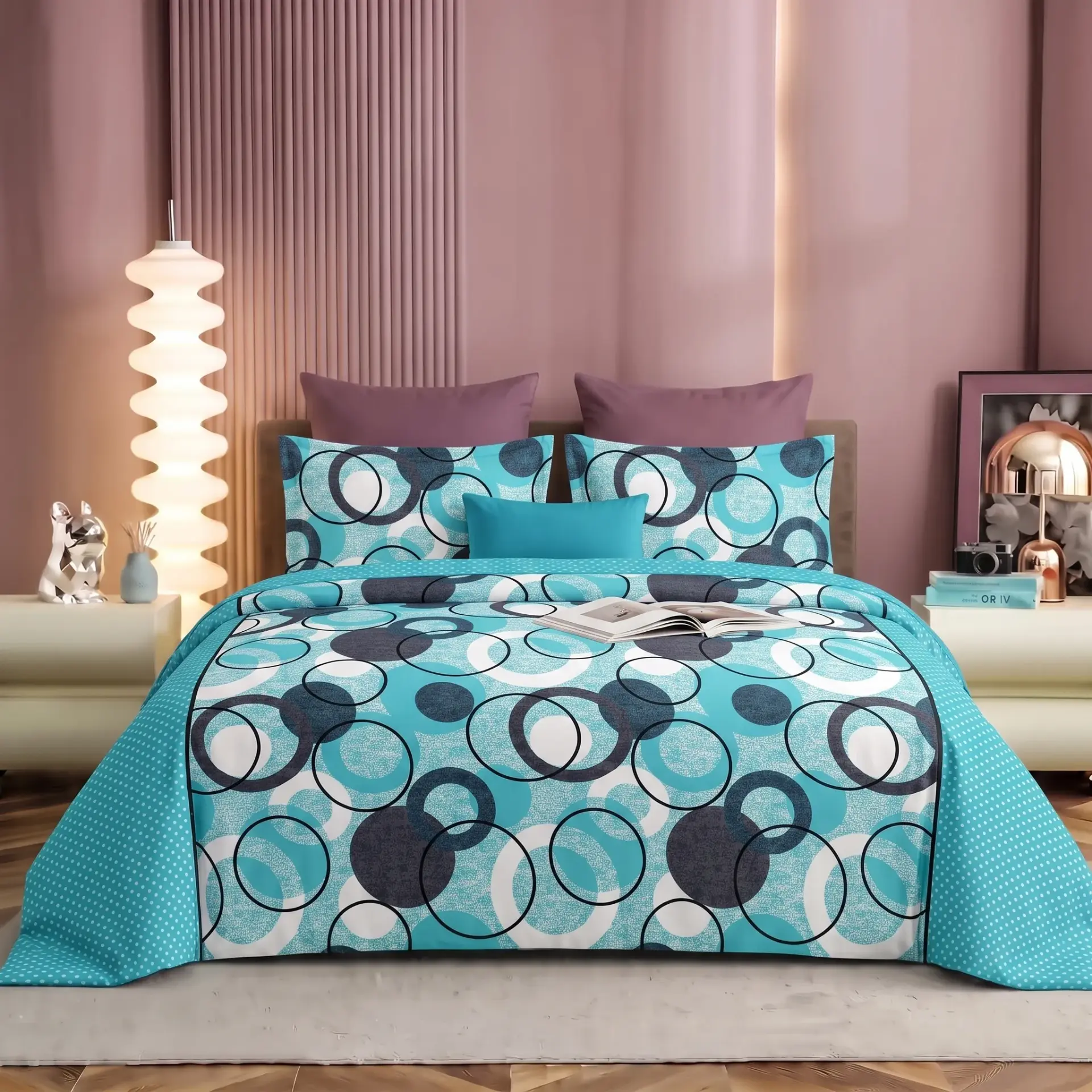Nineeez Supermoti King Size Bedsheet Set, Abstract Circle Design, 100% Cotton, Soft & Breathable, 1 Bedsheet 275 x 254 cm with 2 Pillow Covers 76 x 50 cm, Blue