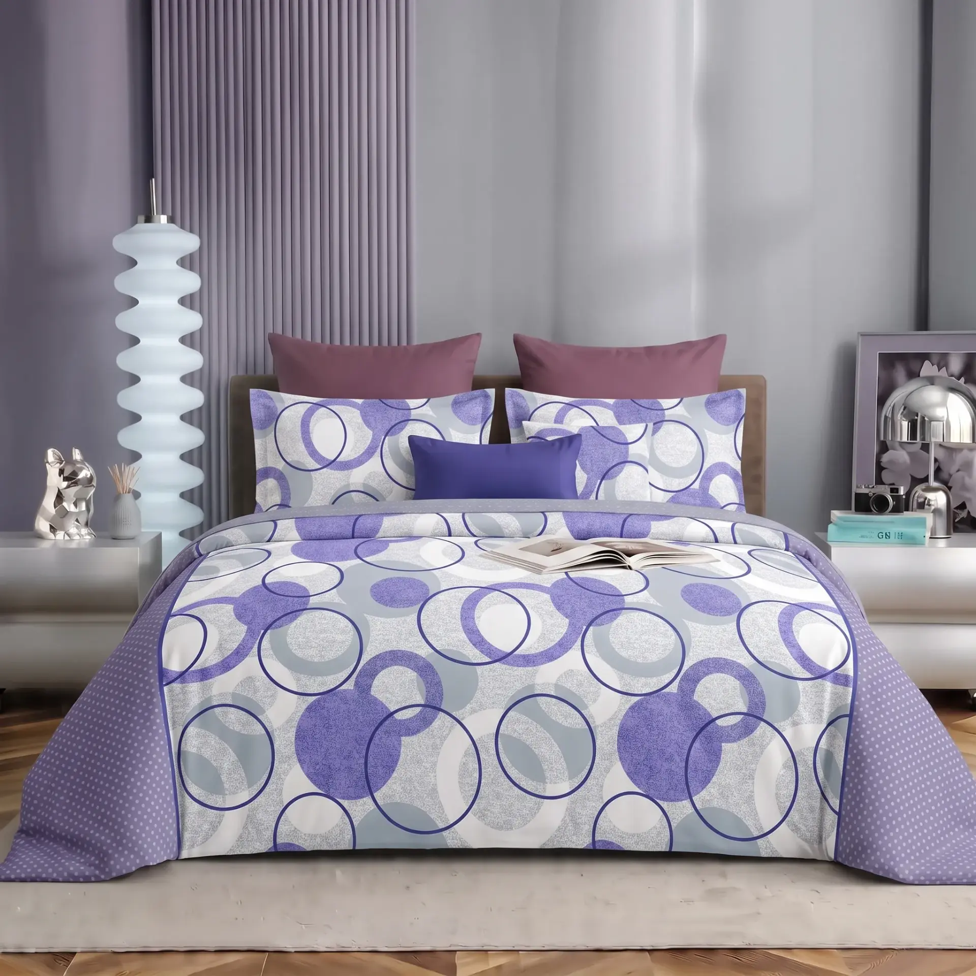 Nineeez Supermoti King Size Bedsheet Set, Abstract Circle Design, 100% Cotton, Soft & Breathable, 1 Bedsheet 275 x 254 cm with 2 Pillow Covers 76 x 50 cm, Charcoal Grey