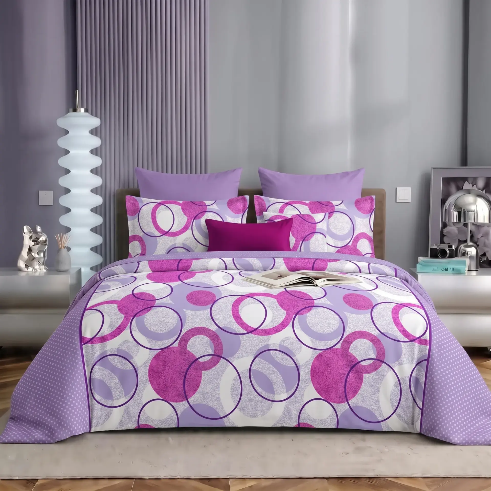 Nineeez Supermoti King Size Bedsheet Set, Abstract Circle Design, 100% Cotton, Soft & Breathable, 1 Bedsheet 275 x 254 cm with 2 Pillow Covers 76 x 50 cm, Pink