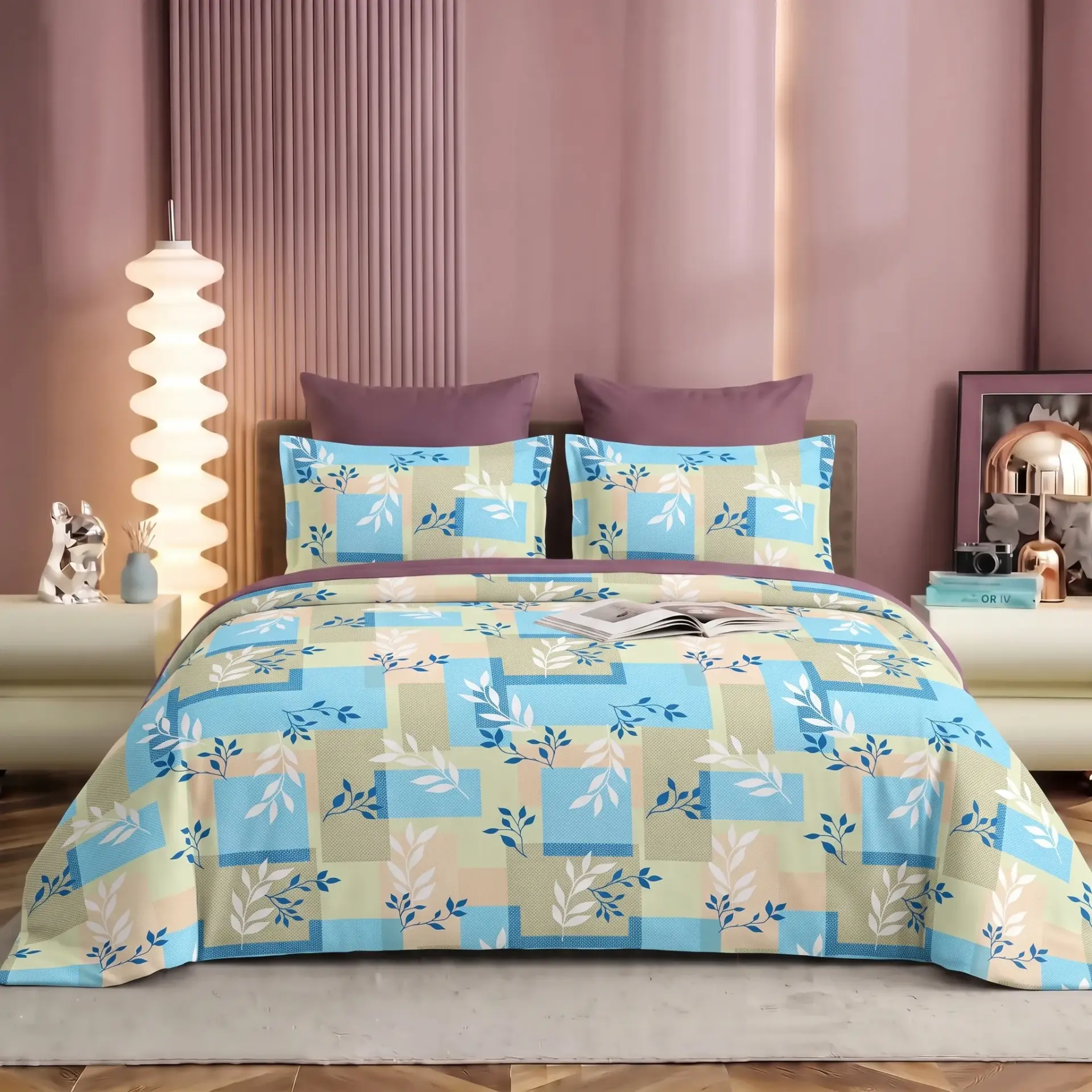 Nineeez Supermoti King Size Bedsheet Set, Geometric Leaf Design, 100% Cotton, Soft & Breathable, 1 Flat Bedsheet 275 x 254 cm with 2 Pillow Covers 76 x 50 cm, Sky Blue