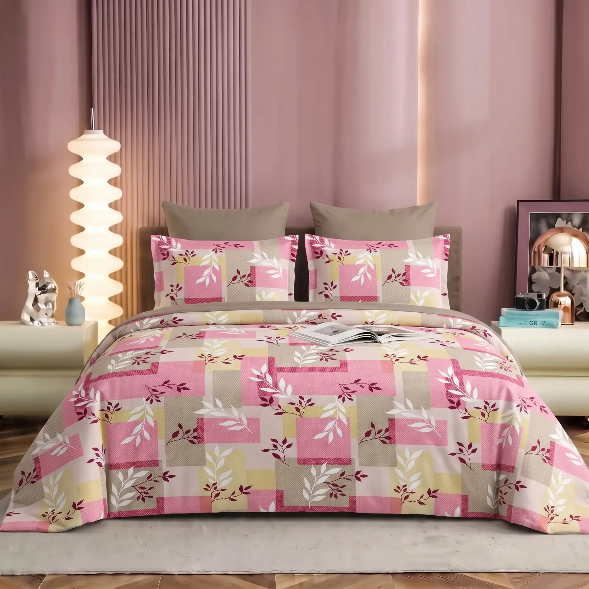 Nineeez Supermoti King Size Bedsheet Set, Geometric Leaf Design, 100% Cotton, Soft & Breathable, 1 Flat Bedsheet 275 x 254 cm with 2 Pillow Covers 76 x 50 cm, Pink