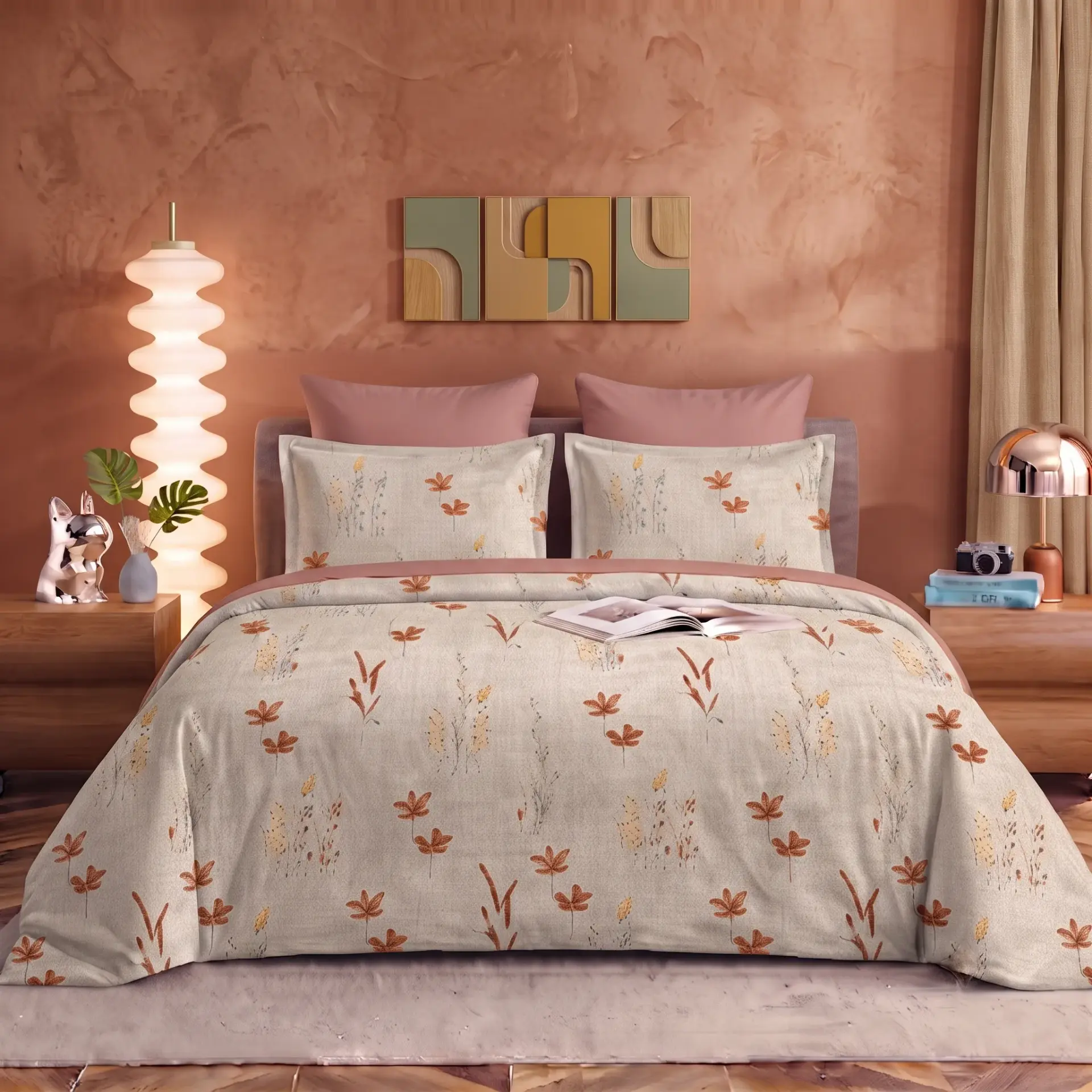 Nineeez 100% Cotton Fantasy Touch Queen Bedsheet Set | Meadow Floral Pattern Luxury Bedding with 2 Matching Pillow Covers (224 x 254 cm, Available in Dust Rose)