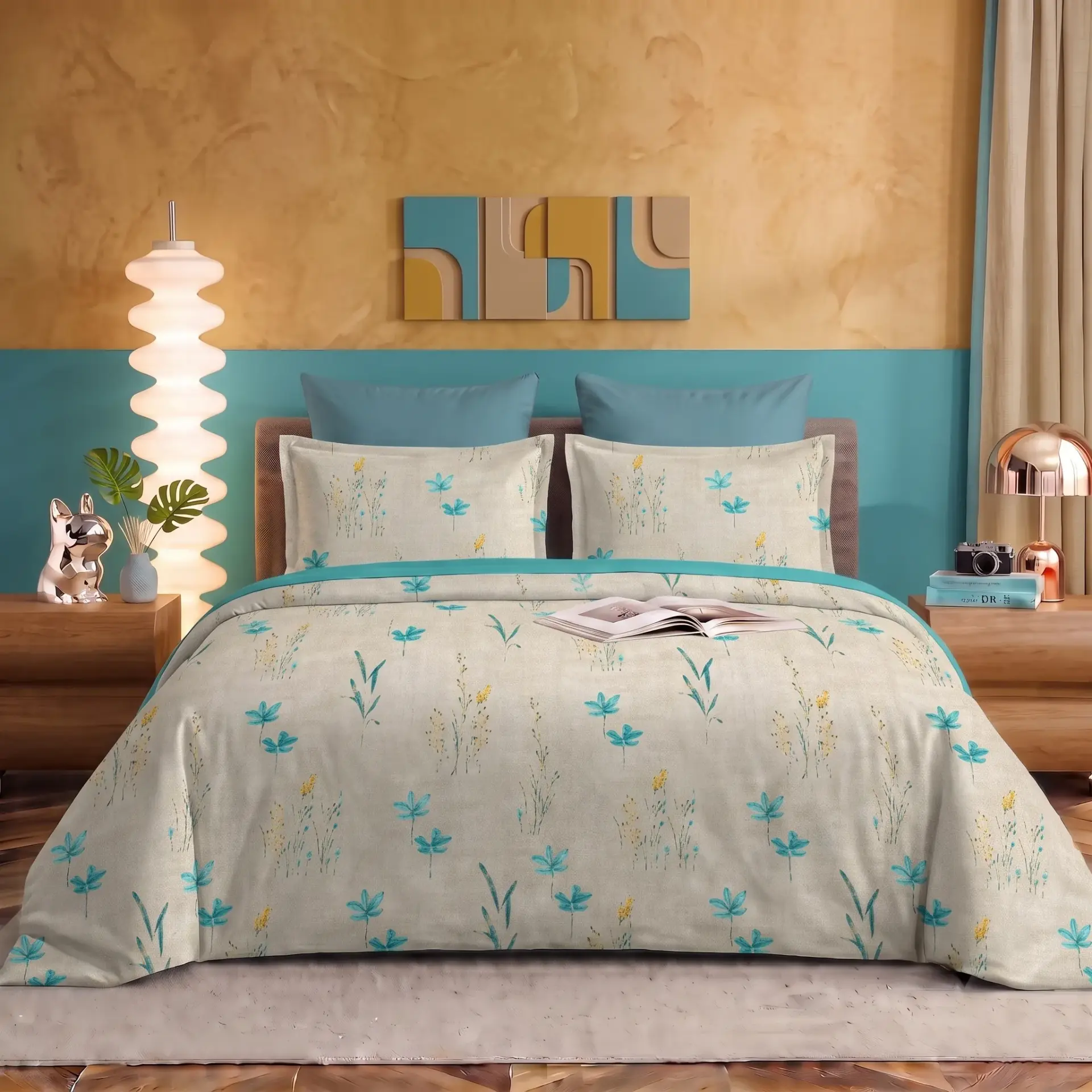 Nineeez 100% Cotton Fantasy Touch Queen Bedsheet Set | Meadow Floral Pattern Luxury Bedding with 2 Matching Pillow Covers (224 x 254 cm, Available in Blue)