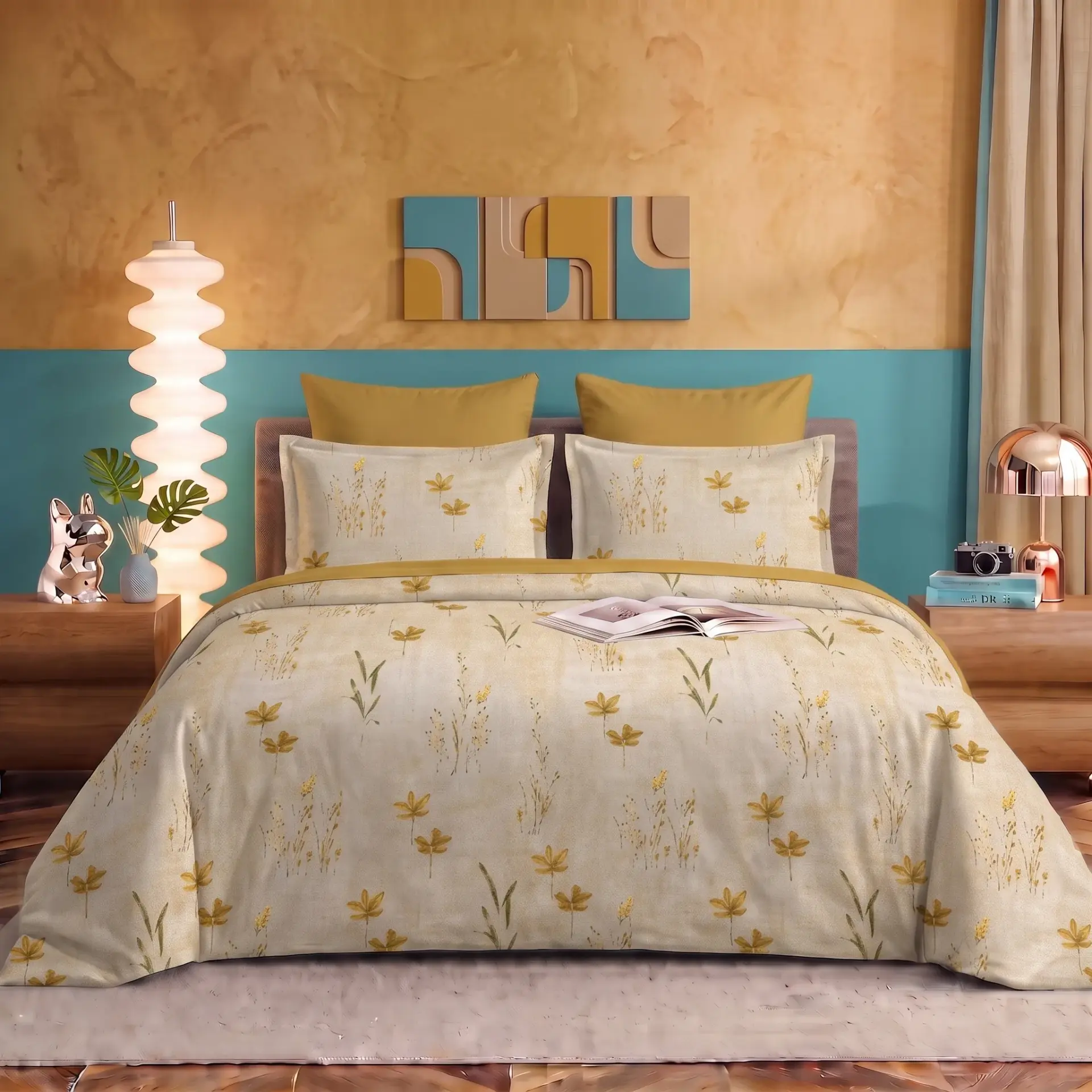 Nineeez 100% Cotton Fantasy Touch Queen Bedsheet Set | Meadow Floral Pattern Luxury Bedding with 2 Matching Pillow Covers (224 x 254 cm, Available in Yellow)