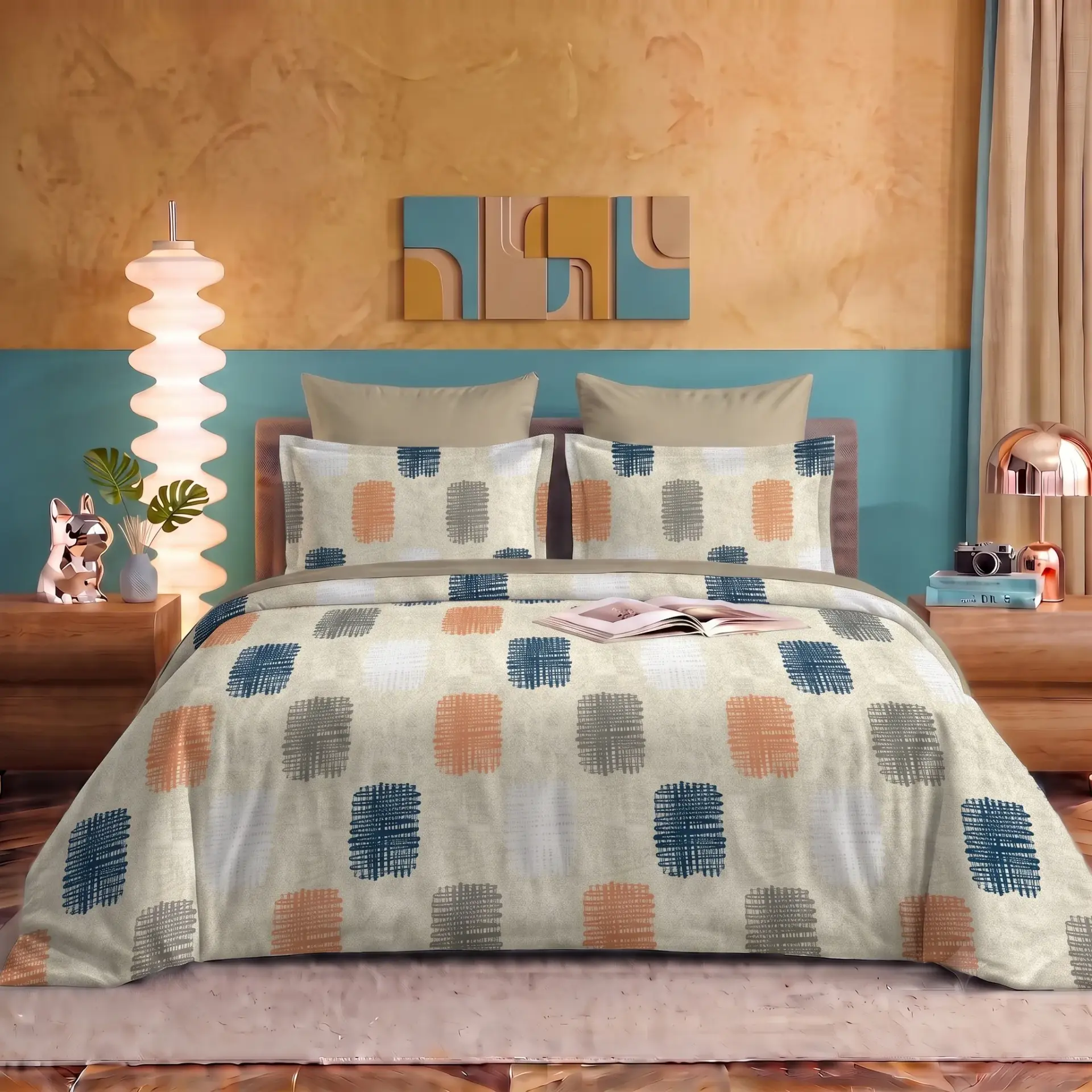 Nineeez 100% Cotton Fantasy Touch Queen Bedsheet Set | Rectangular Blocks Pattern Luxury Bedding with 2 Matching Pillow Covers (224 x 254 cm, Available in Beige)
