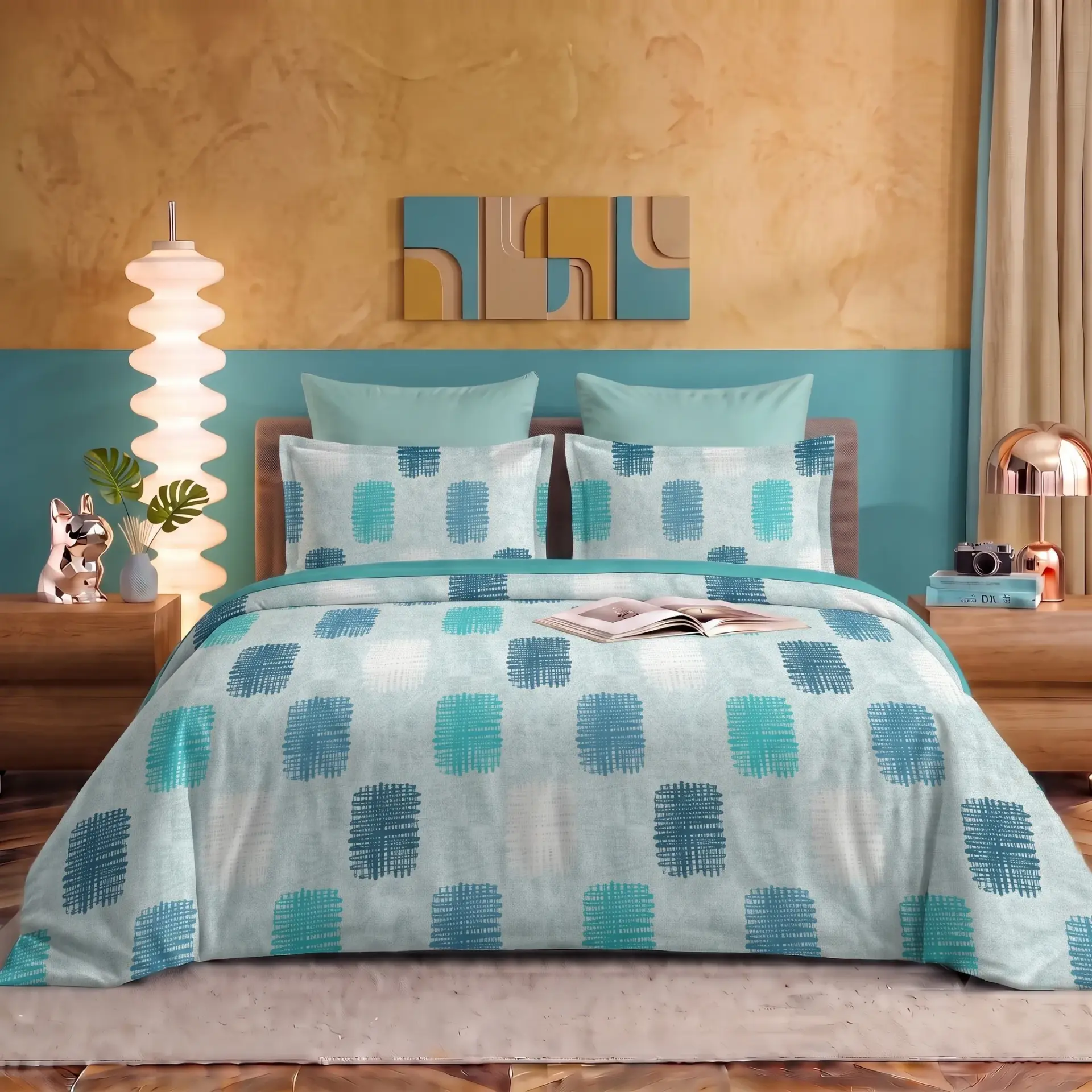 Nineeez 100% Cotton Fantasy Touch Queen Bedsheet Set | Rectangular Blocks Pattern Luxury Bedding with 2 Matching Pillow Covers (224 x 254 cm, Available in Blue)