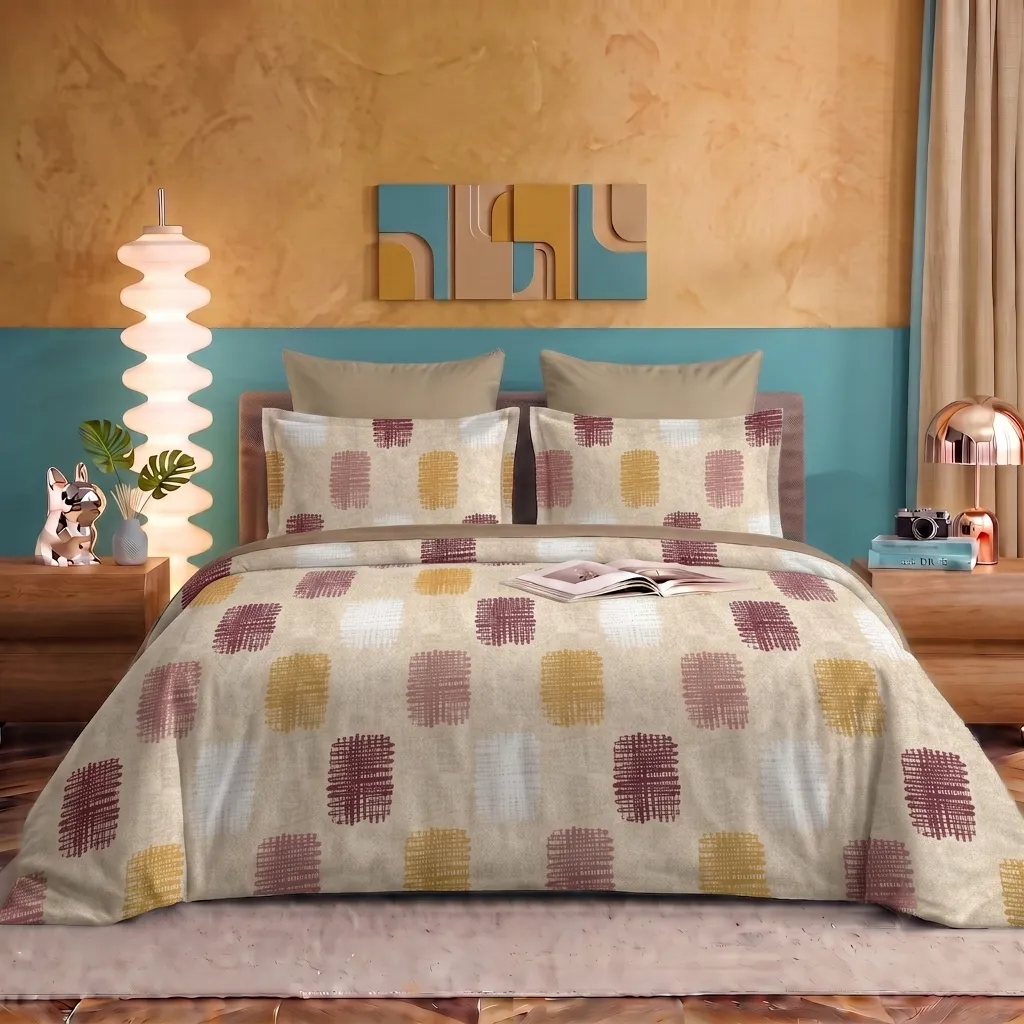 Nineeez 100% Cotton Fantasy Touch Queen Bedsheet Set | Rectangular Blocks Pattern Luxury Bedding with 2 Matching Pillow Covers (224 x 254 cm, Available in Brown)