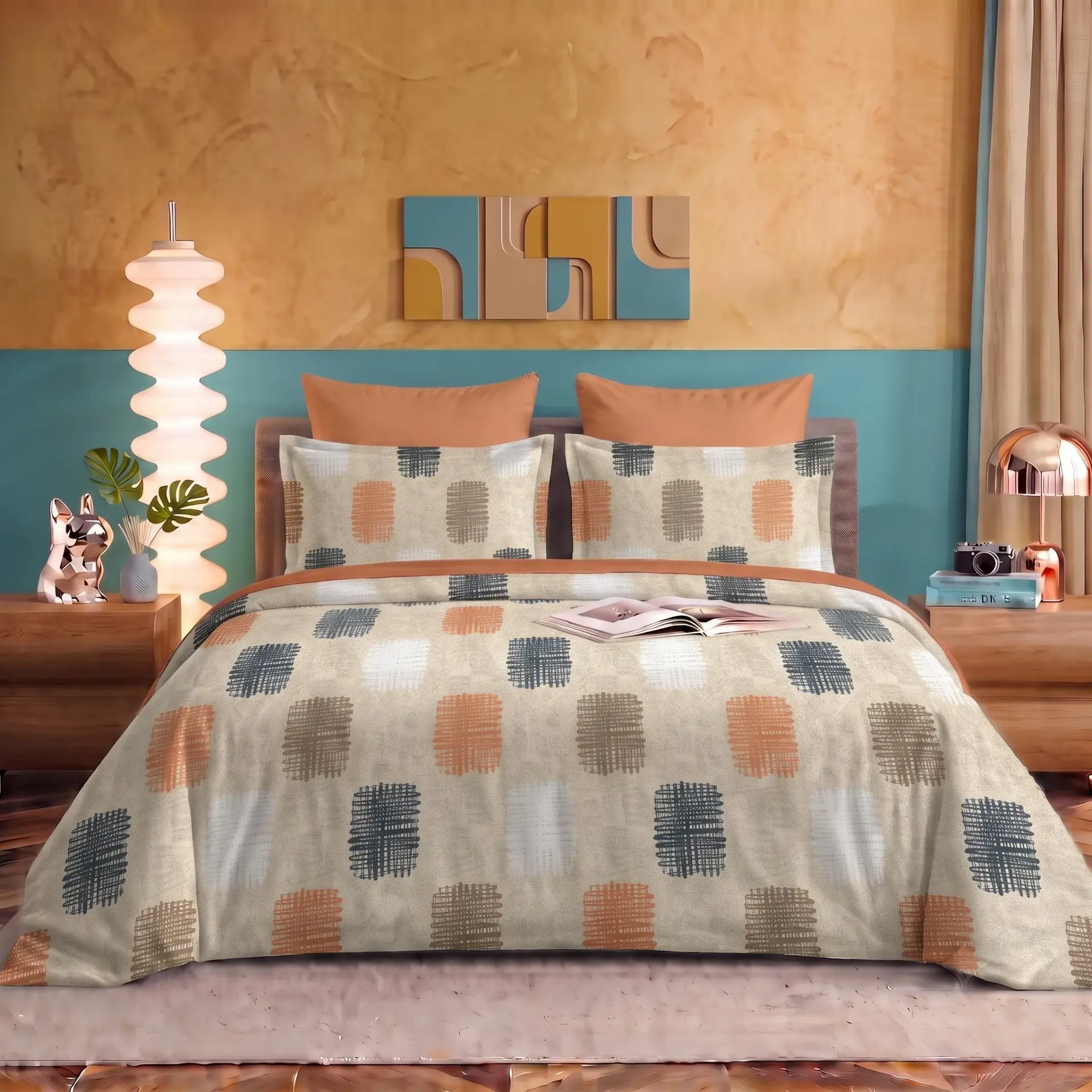 Nineeez 100% Cotton Fantasy Touch Queen Bedsheet Set | Rectangular Blocks Pattern Luxury Bedding with 2 Matching Pillow Covers (224 x 254 cm, Available in Orange)