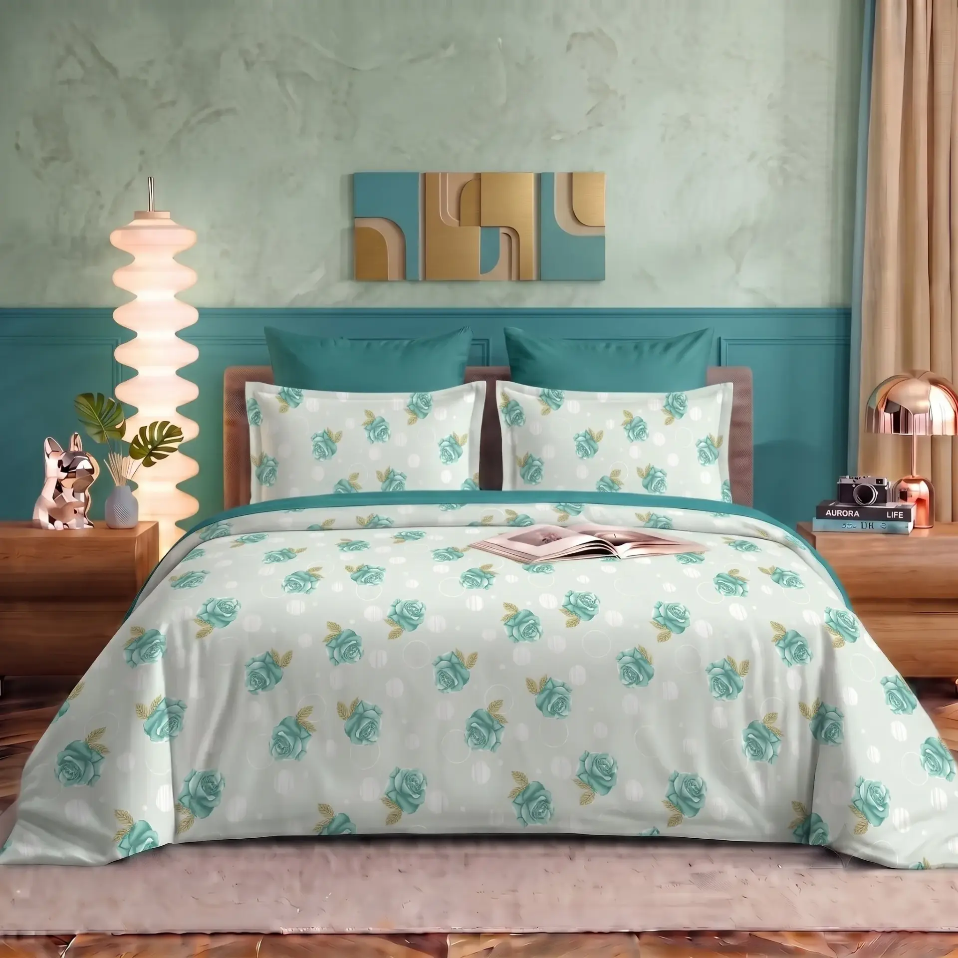 Nineeez Fantasy Touch Premium 100% Cotton Queen Size Bedsheet with 2 Pillow Covers | 224 x 254 cm | Soft & Breathable | Exclusive Rose Print | Queen Bed Sheet | Blue