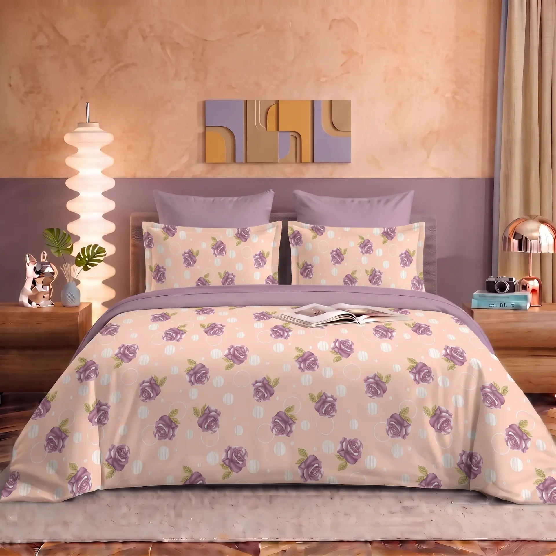 Nineeez 100% Cotton Fantasy Touch Queen Bedsheet Set | Rose Pattern Luxury Bedding with 2 Matching Pillow Covers (224 x 254 cm, Available in Purple)