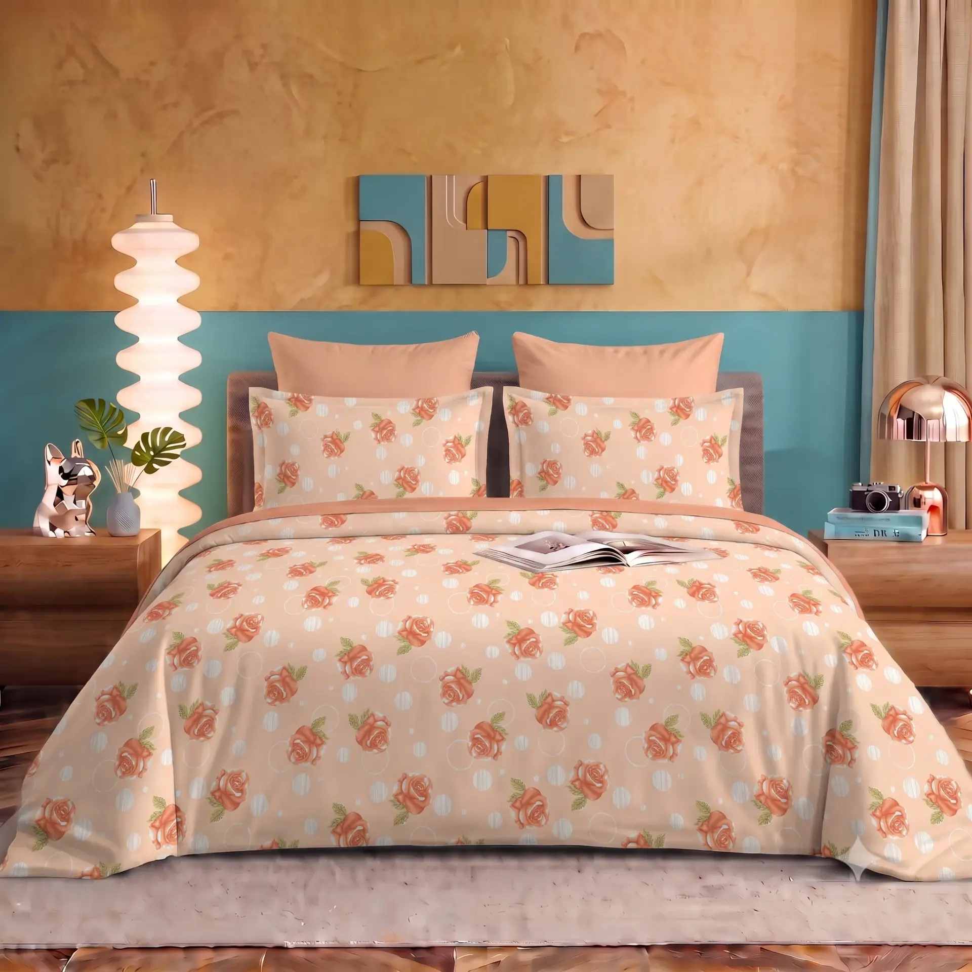 Nineeez 100% Cotton Fantasy Touch Queen Bedsheet Set | Rose Pattern Luxury Bedding with 2 Matching Pillow Covers (224 x 254 cm, Available in Orange)