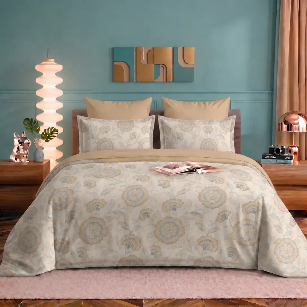 Nineeez 100% Cotton Fantasy Touch Queen Bedsheet Set | Sketched Floral Pattern Luxury Bedding with 2 Matching Pillow Covers (224 x 254 cm, Available in Beige)