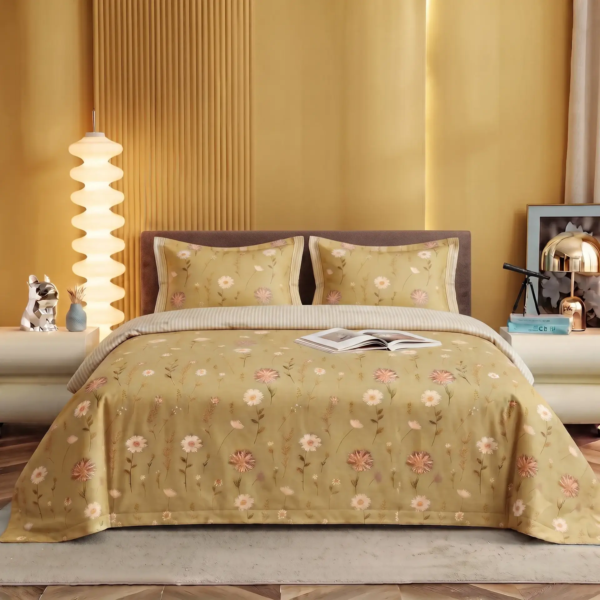 Nineeez 100% Cotton Fantasy Touch Queen Bedsheet Set | Floral Pattern Luxury Bedding with 2 Matching Pillow Covers (224 x 254 cm, Available in Yellow)