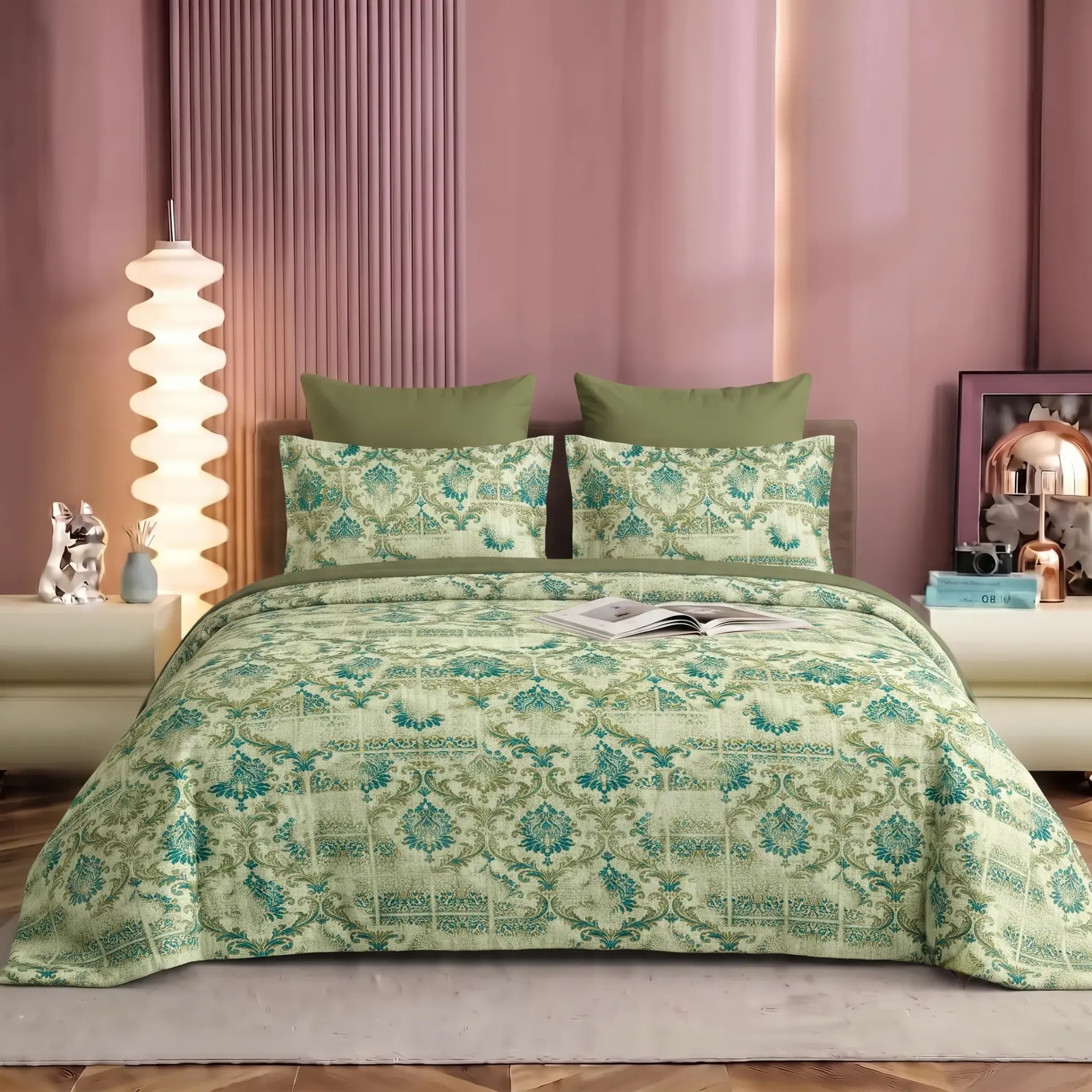Nineeez Elegance King Size Bedsheet Set, Floral Print Design, 100% Cotton, Soft & Breathable, 1 Bedsheet 275 x 254 cm with 2 Pillow Covers 76 x 50 cm, Green