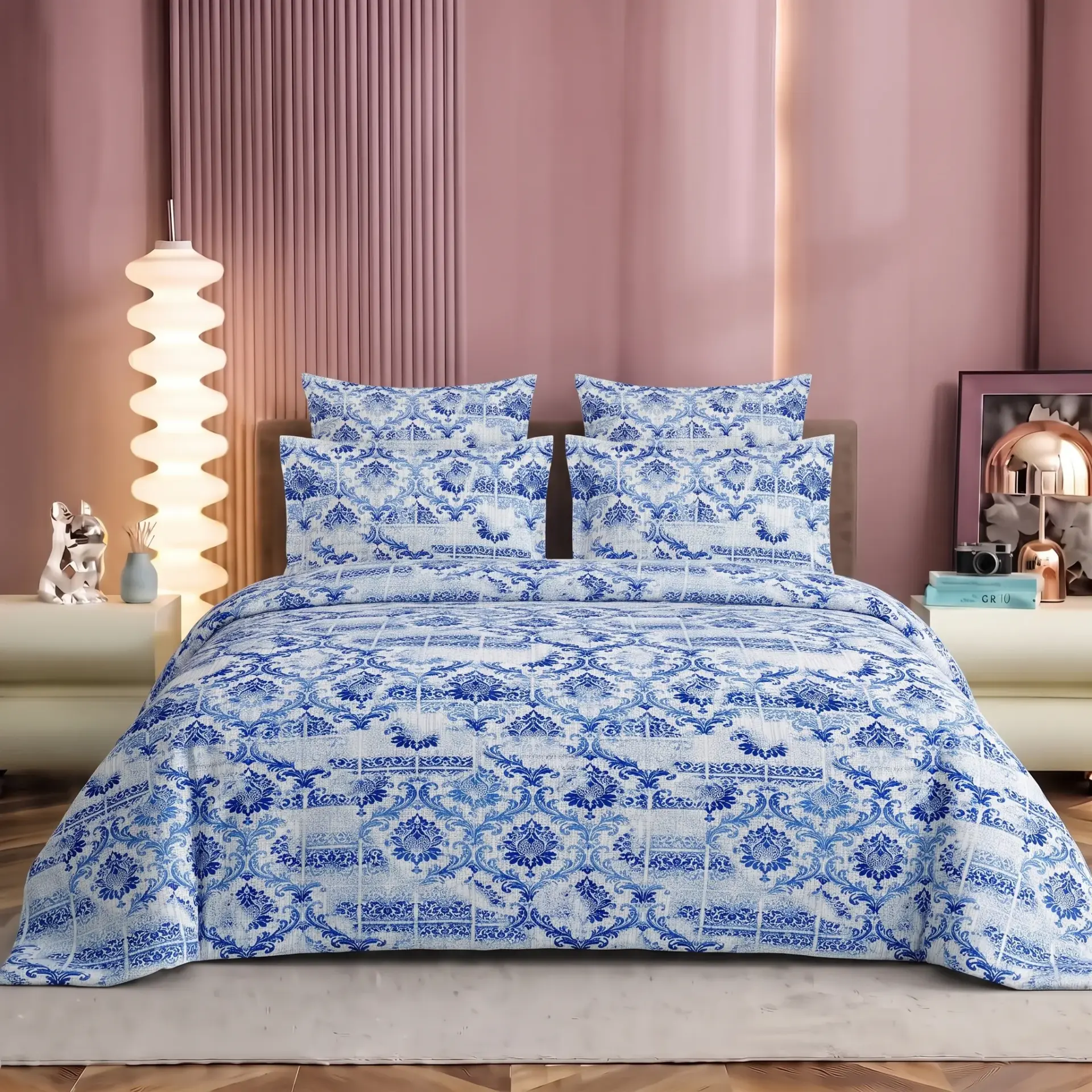 Nineeez Elegance King Size Bedsheet Set, Floral Print Design, 100% Cotton, Soft & Breathable, 1 Bedsheet 275 x 254 cm with 2 Pillow Covers 76 x 50 cm, Blue