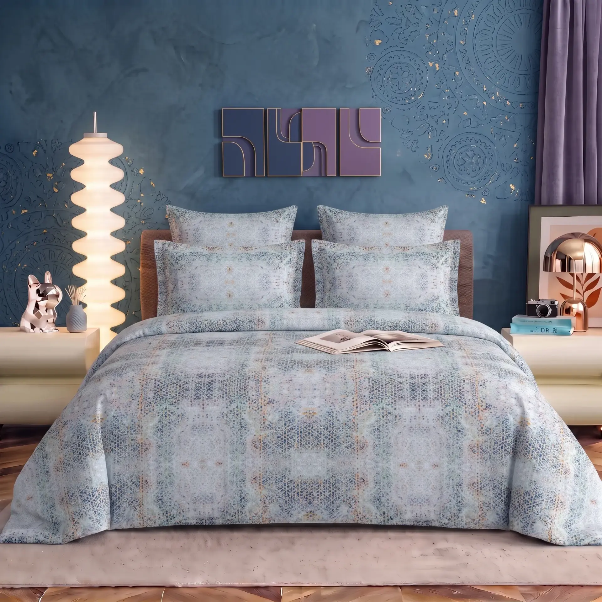 Nineeez Monarch King Bed Sheet Set - 100% All Cotton 3-Piece Set | Extra Large 280 x 280 cm Flat Sheet & 2 Pillowcases | Stunning Blue Sparkle Digital Print Design | Soft, Breathable, Durable