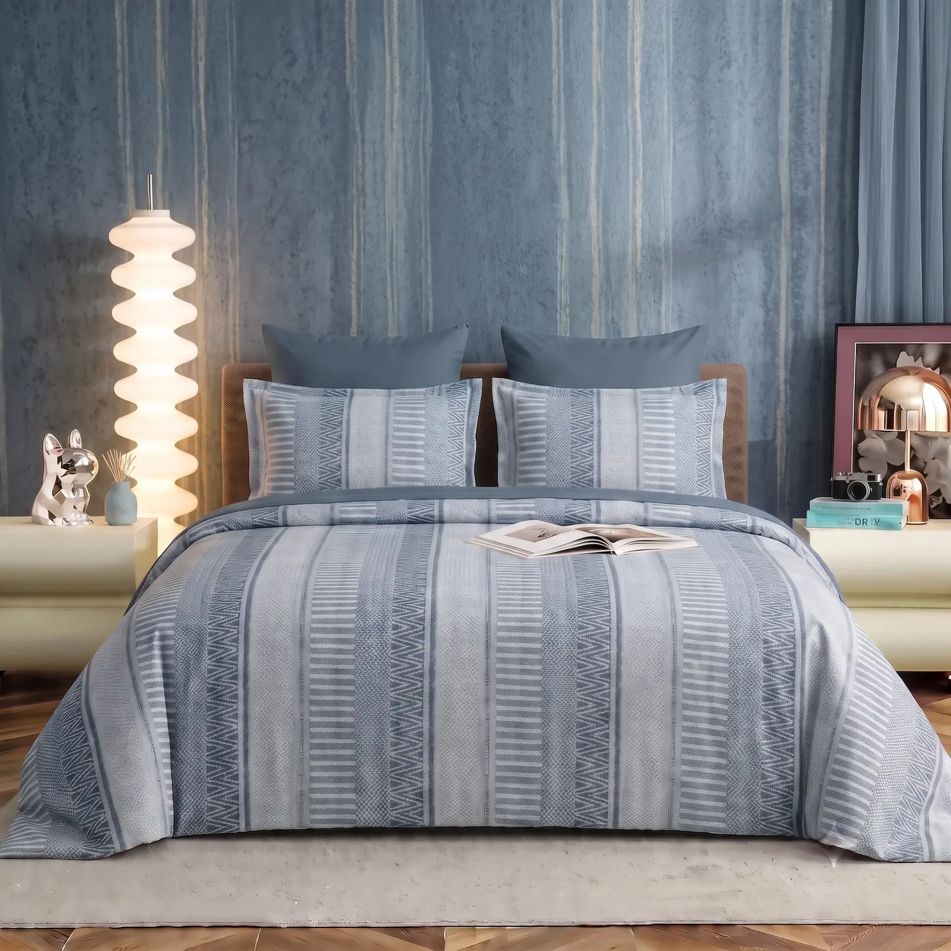 Nineeez 100% Cotton Feather Touch Queen Bedsheet Set | Geometric Striped Luxury Bedding with 2 Matching Pillow Covers (224 x 254 cm, Blue)