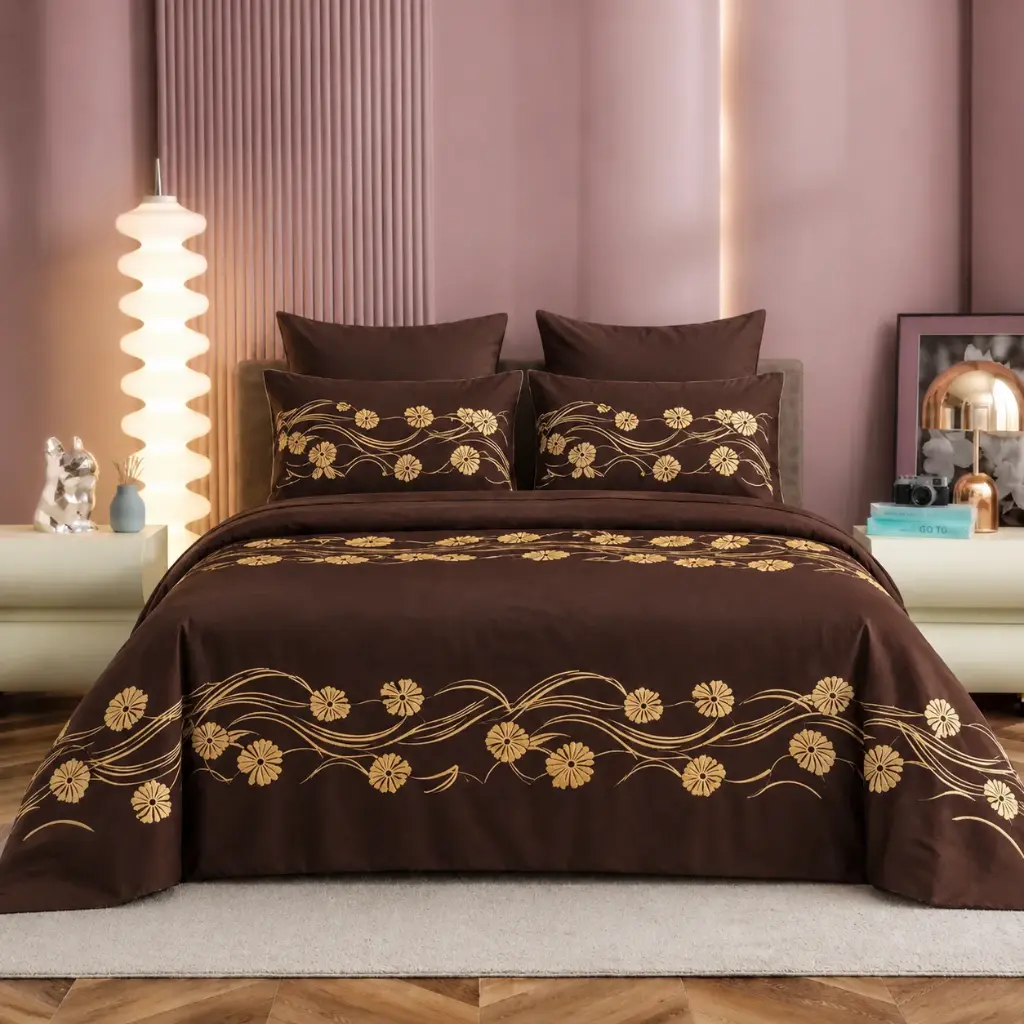 NINEEEZ King Size Embroidered Bedsheet with 2 Pillow Covers | 100% Cotton, 274 x 274 cm | Premium Brown Floral Embroidery | Soft & Breathable