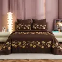 NINEEEZ King Size Embroidered Bedsheet with 2 Pillow Covers | 100% Cotton, 274 x 274 cm | Premium Brown Floral Embroidery | Soft & Breathable