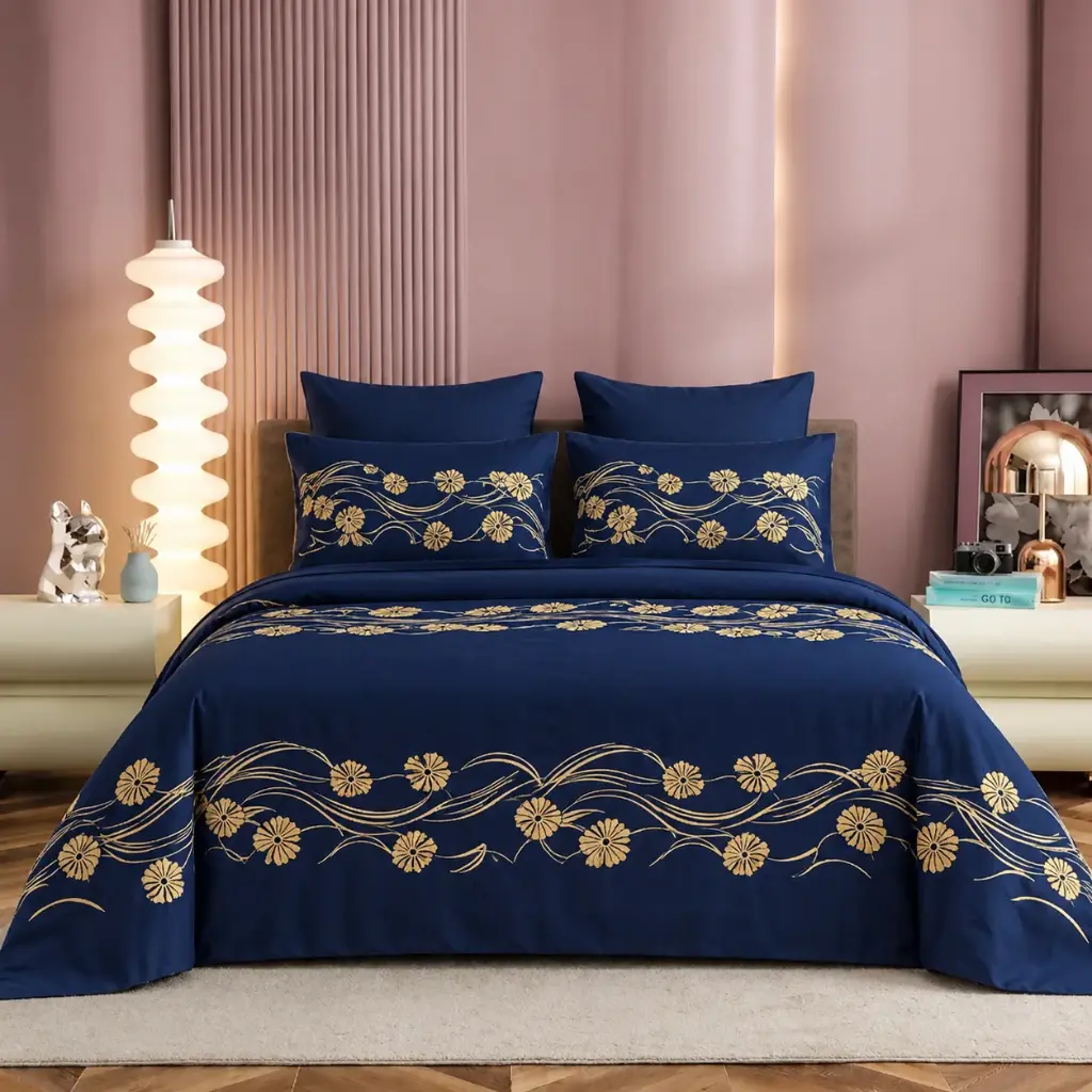 NINEEEZ King Size Embroidered Bedsheet with 2 Pillow Covers | 100% Cotton, 274 x 274 cm | Premium Navy Blue Floral Embroidery | Soft & Breathable