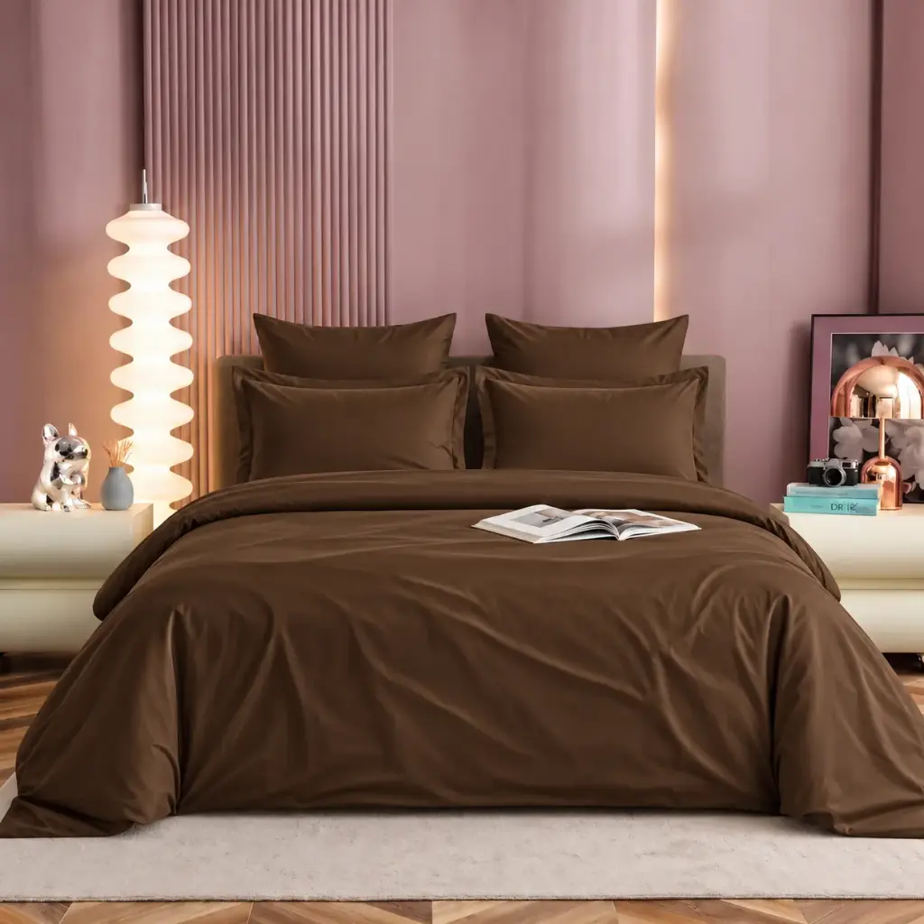 NINEEEZ 100% Cotton Plain Dyed King Size Bedsheet with 2 Pillow Covers | 274 x 274 cm | Soft & Breathable Solid Colour Double Bed Sheet Set (Brown)
