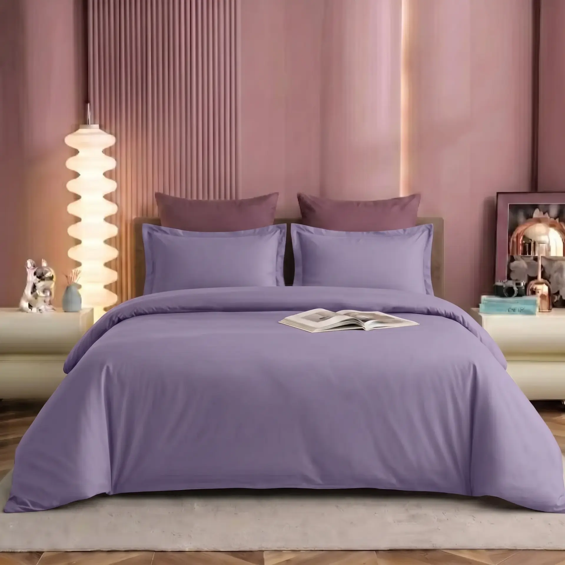 NINEEEZ 100% Cotton Plain Dyed King Size Bedsheet with 2 Pillow Covers | 274 x 274 cm | Soft & Breathable Solid Colour Double Bed Sheet Set (Purple)