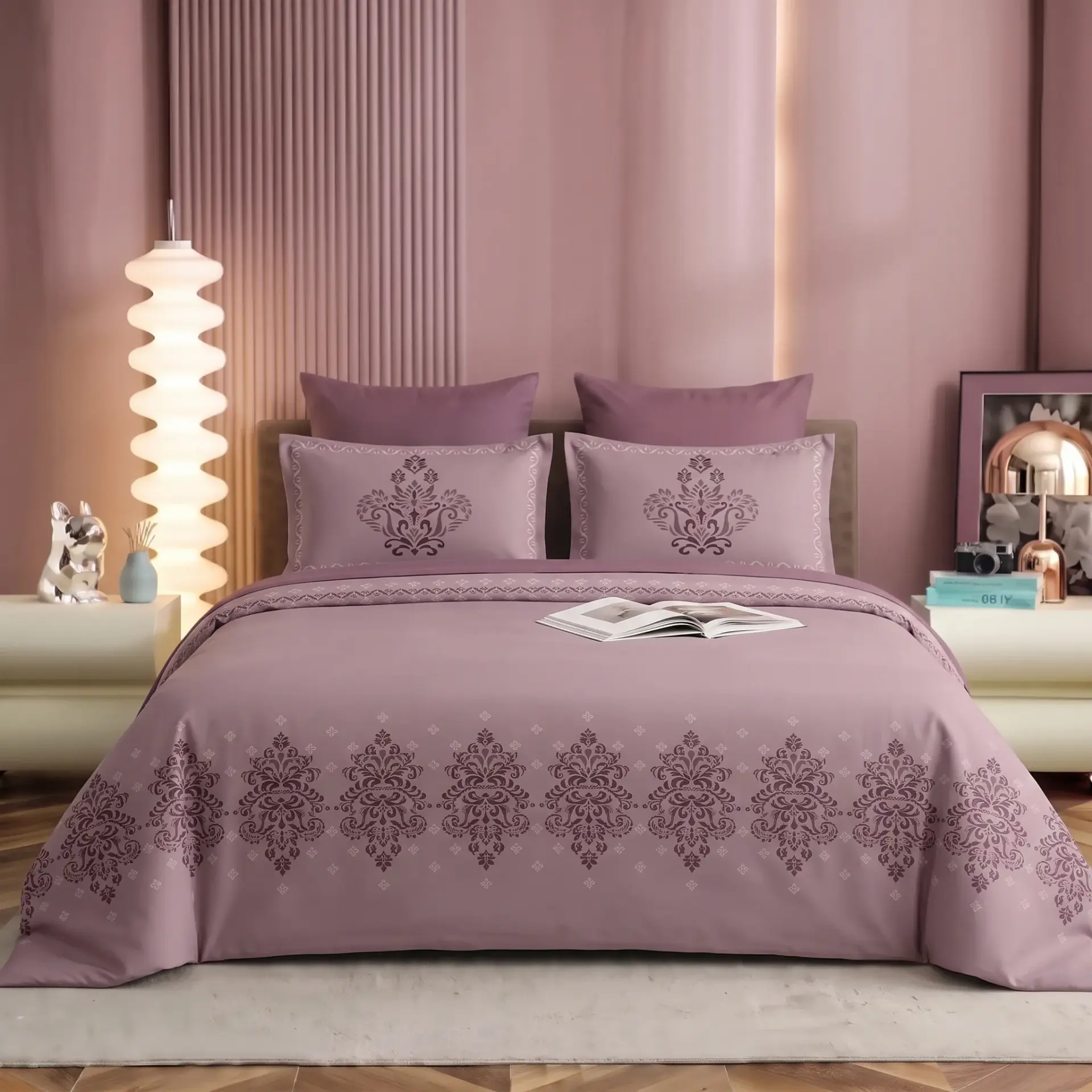 NINEEEZ 100% Cotton Digital Print King Size Bedsheet with 2 Pillow Covers | 274 x 274 cm | Premium Floral Damask Pattern, Soft & Breathable (Dusty Mauve)
